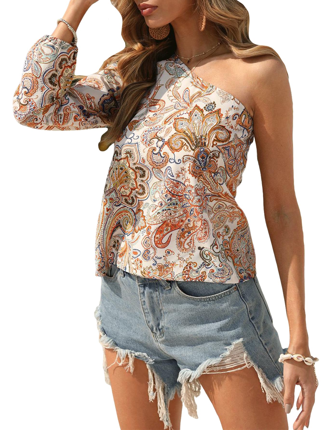Floerns Women's Boho One Shoulder Vintage Floral Print Long Sleeve Blouse Top - Stylish Casual & Party Wear for Women, Perfect for Date Night, Office or Vacation Outfits