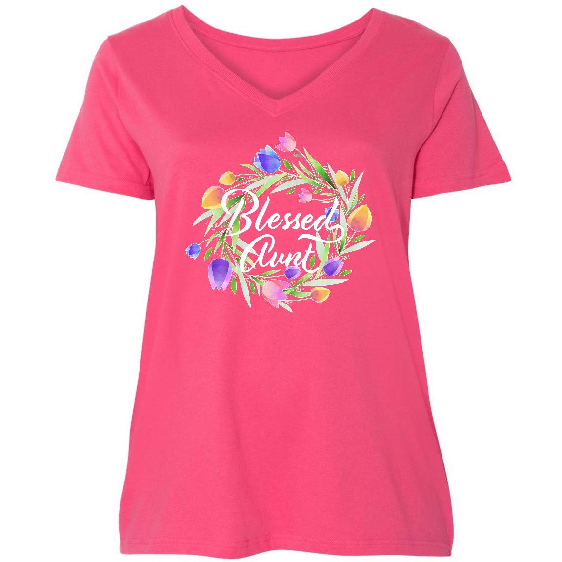 Blessed Aunt with Pastel Tulips Women's Plus Size V-Neck T-Shirt - Comfortable & Stylish Casual Wear for Aunts, Mother's Day Gifts, Family Reunions & Everyday Outfits