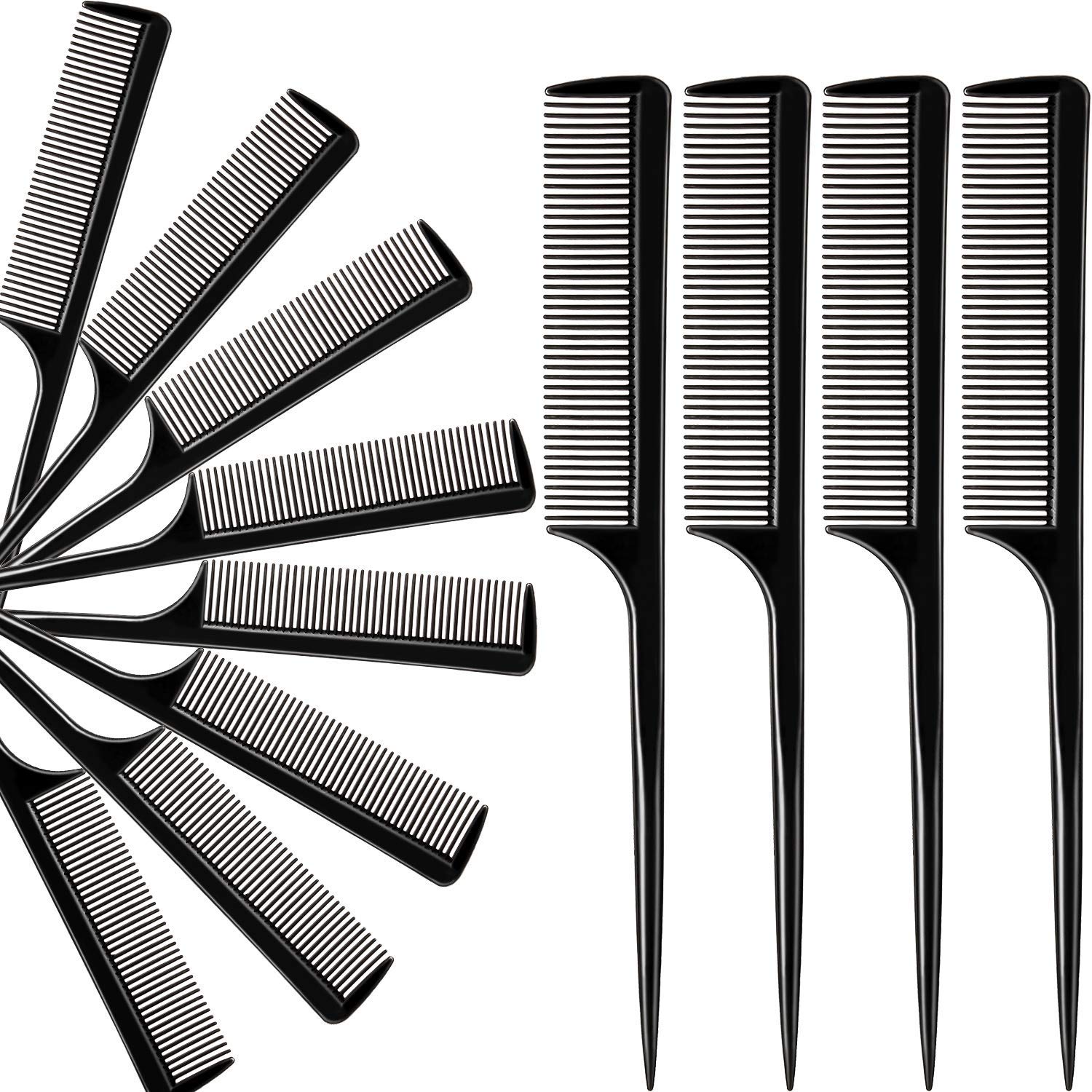 10 Pack Carbon Fiber Heat Resistant Rat Tail Combs - Professional Hair Styling Pin Tail Combs for Salon, Braiding & Detangling (Black) - Perfect for Hairstylists, Extensions & Thick Hair Care