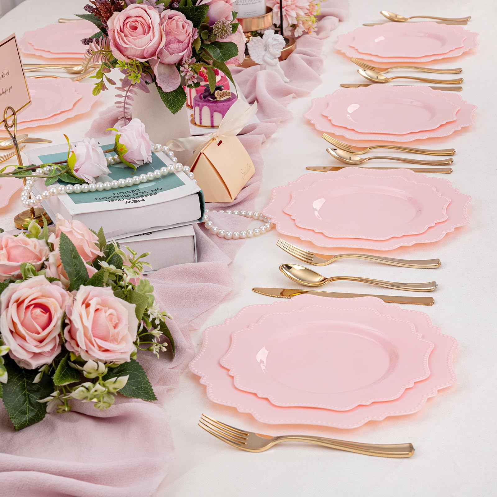 COLOSUS 60-Pack Pink Plastic Plates for Wedding, Birthday & Easter Parties - Dinner & Dessert Use