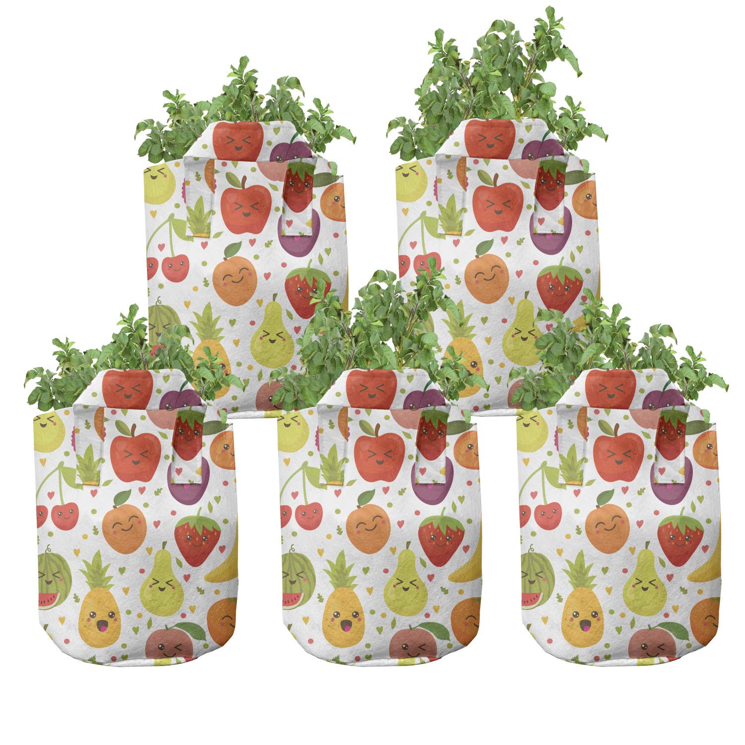 Ambesonne 5-Pack Heavy Duty Fabric Grow Bags with Handles - Banana Smile Design for Plants, Fruits & Vegetables | Durable Multicolor Plant Pots for Indoor Gardening, Balcony & Patio Decor