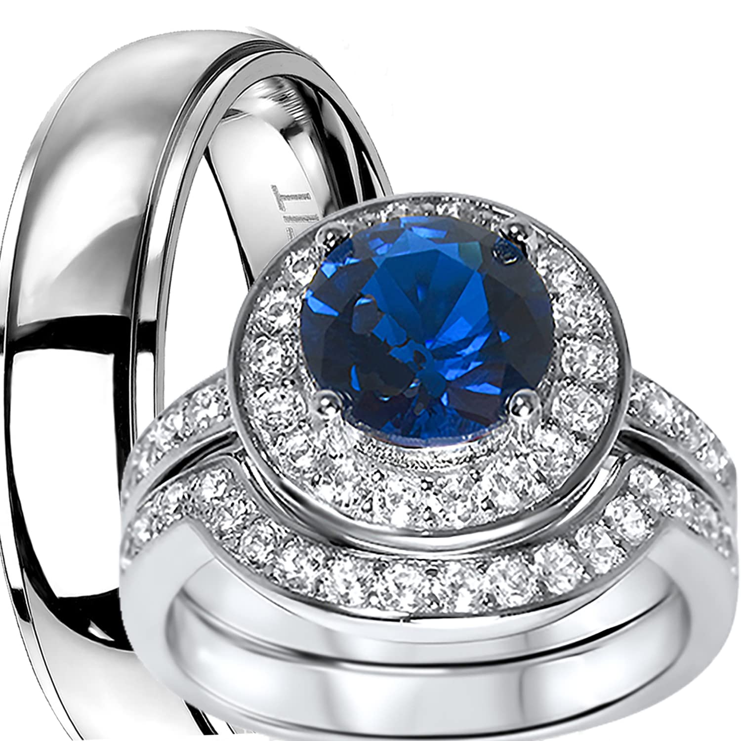 His & Hers CZ Silver Wedding Rings Set - 3 PCS Couple Bands for Engagement & Anniversary