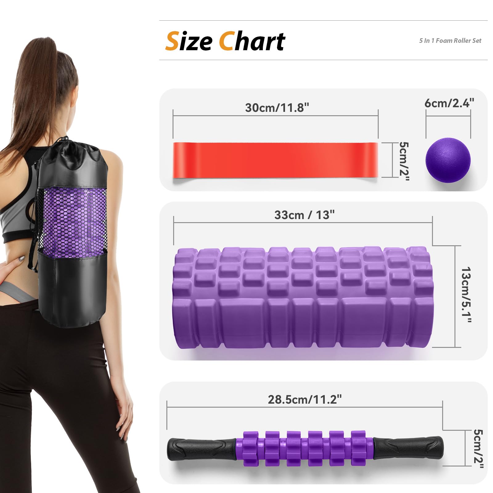 5-in-1 Foam Roller Set for Deep Tissue Massage & Muscle Recovery - Trigger Point Therapy, Exercise Foam Roller, Massage Ball & Stretching Strap - Full Body Workout & Pain Relief (Purple) - Perfect for Gym, Yoga, Physical Therapy & Home Fitness