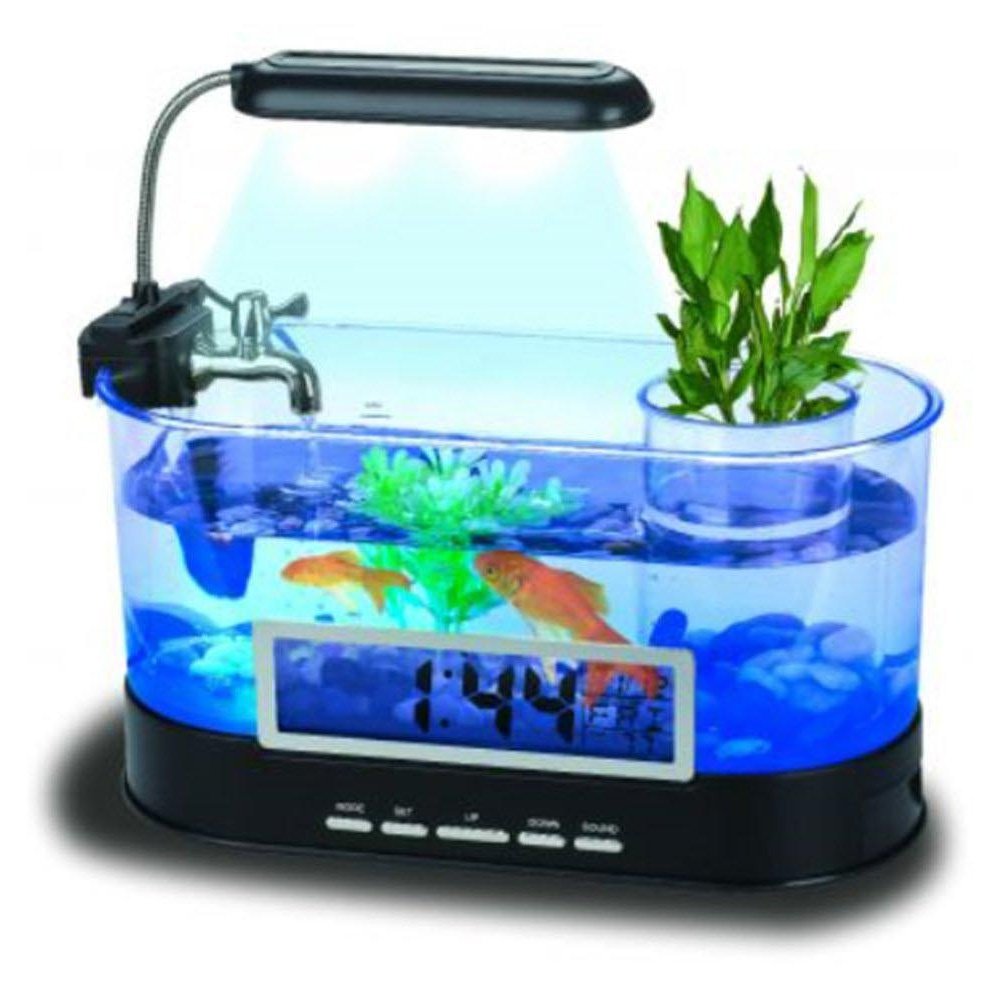 USB桌面水族箱带灯光/时钟/收纳功能，适用于办公桌、卧室、客厅装饰与放松