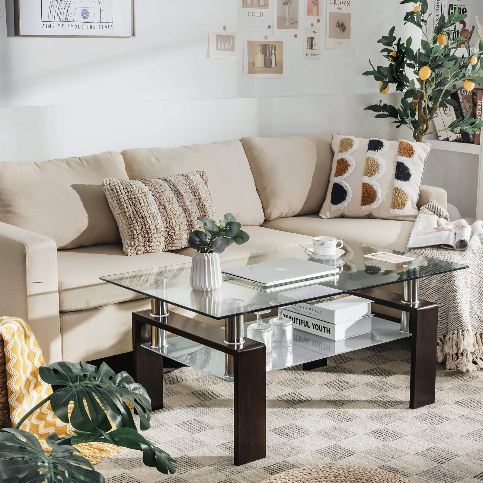 Tangkula Modern Rectangular Glass Coffee Table with Lower Shelf - Tempered Glass Top & Sturdy Metal Legs - Perfect for Living Room, Office, or Lounge (Coffee Table, Side Table)