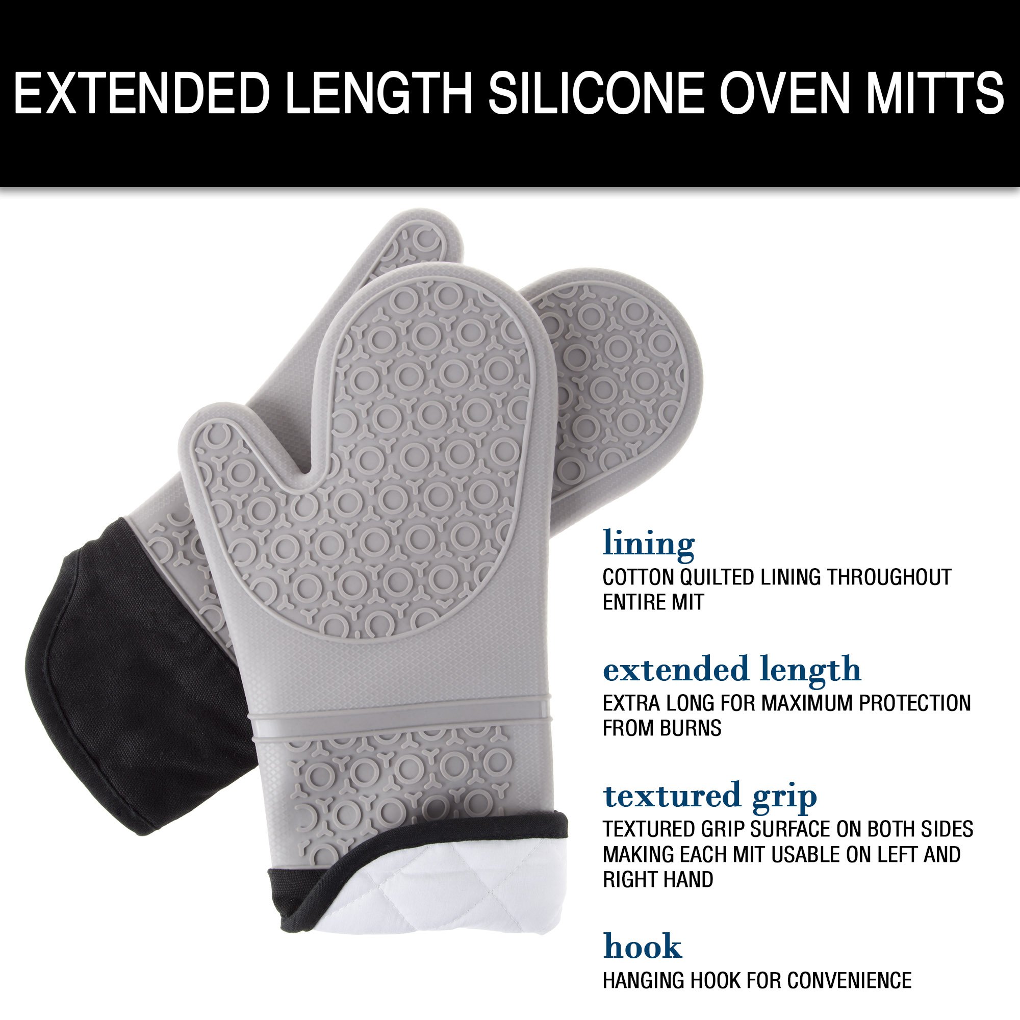 Lavish Home Extra Long Heat Resistant Silicone Oven Mitts - Professional Grade Quilted Lining & Textured Grip - Gray Pair (1 Set) for Baking, Grilling, Cooking & Kitchen Safety