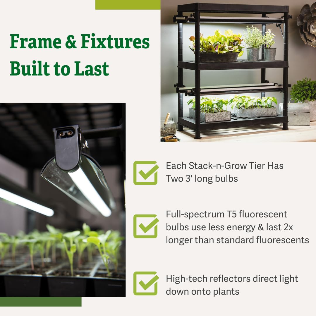 Gardener's Supply Company Stack-n-Grow 2-Tier Grow Light System Plant Stand with 4 Full Spectrum T-5 Fluorescent Bulbs - Energy Efficient Indoor Gardening Solution for Seed Starting, Houseplants & Succulents | Perfect for Home Greenhouses, Hydroponics & Urban Farming