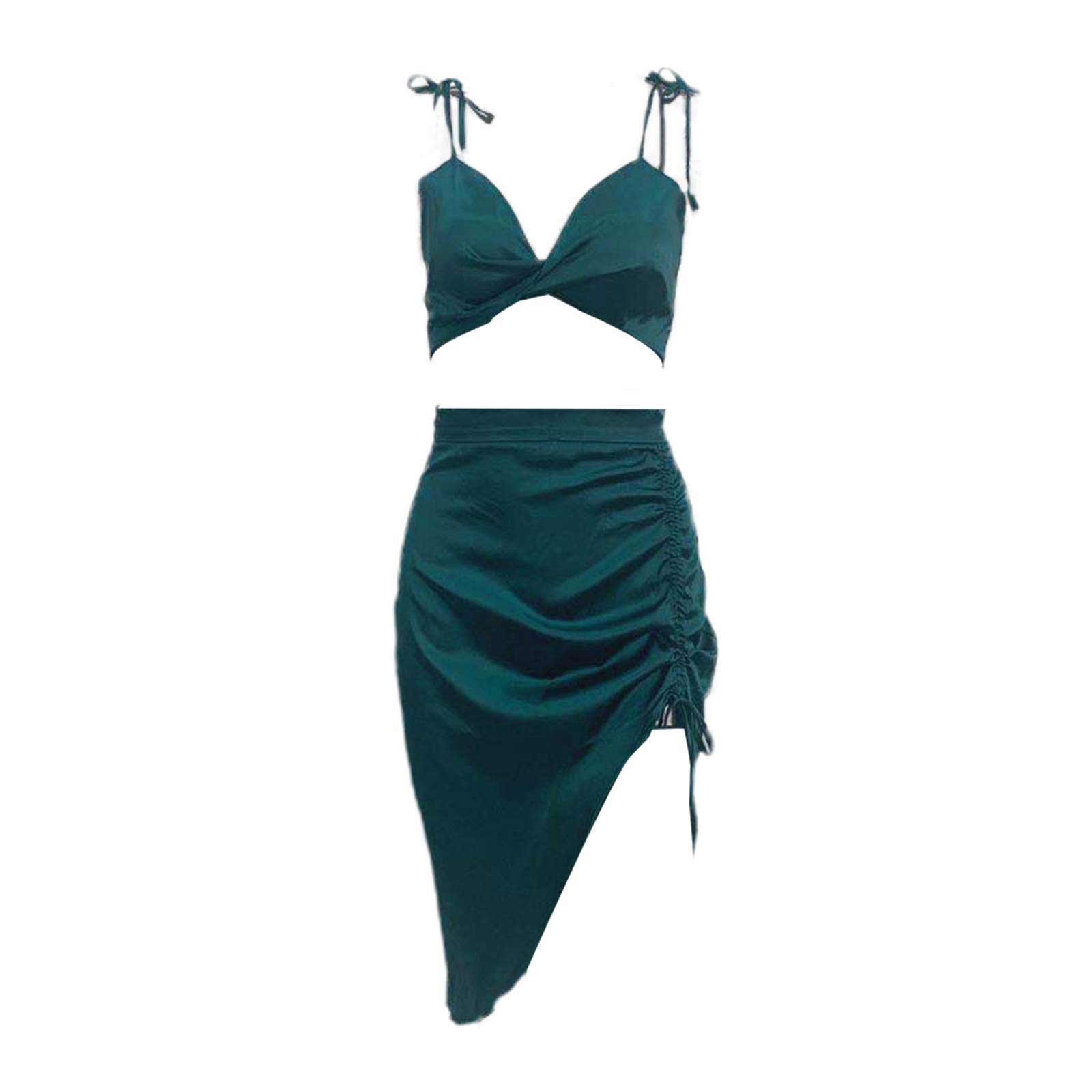 Y2K Halter Neck 2-Piece Outfit Set for Women - Sleeveless Crop Cami Top + Ruched Mini Skirt | Summer Vacation Clothes, Beachwear, Party Outfit, Casual Date Night Fashion