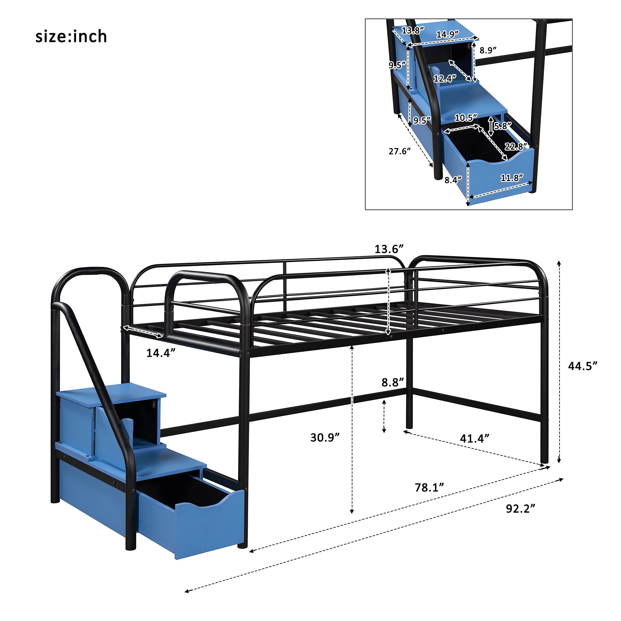 Twin Size Low Loft Bed for Kids - Sturdy Metal Frame with 2 Storage Steps & Full-Length Safety Rail | Space-Saving Design, No Box Spring Needed (Blue) | Perfect for Small Bedrooms, Dorms & Kids' Rooms