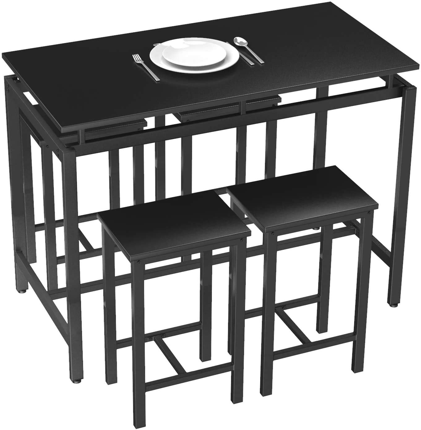Modern 5-Piece Recaceik Bar Table Set - Farmhouse Counter Height Dining Table & 4 Chairs with Wood Top - Perfect for Small Spaces, Breakfast Nook, Living Room, Restaurant or Pub Setting - Black Finish