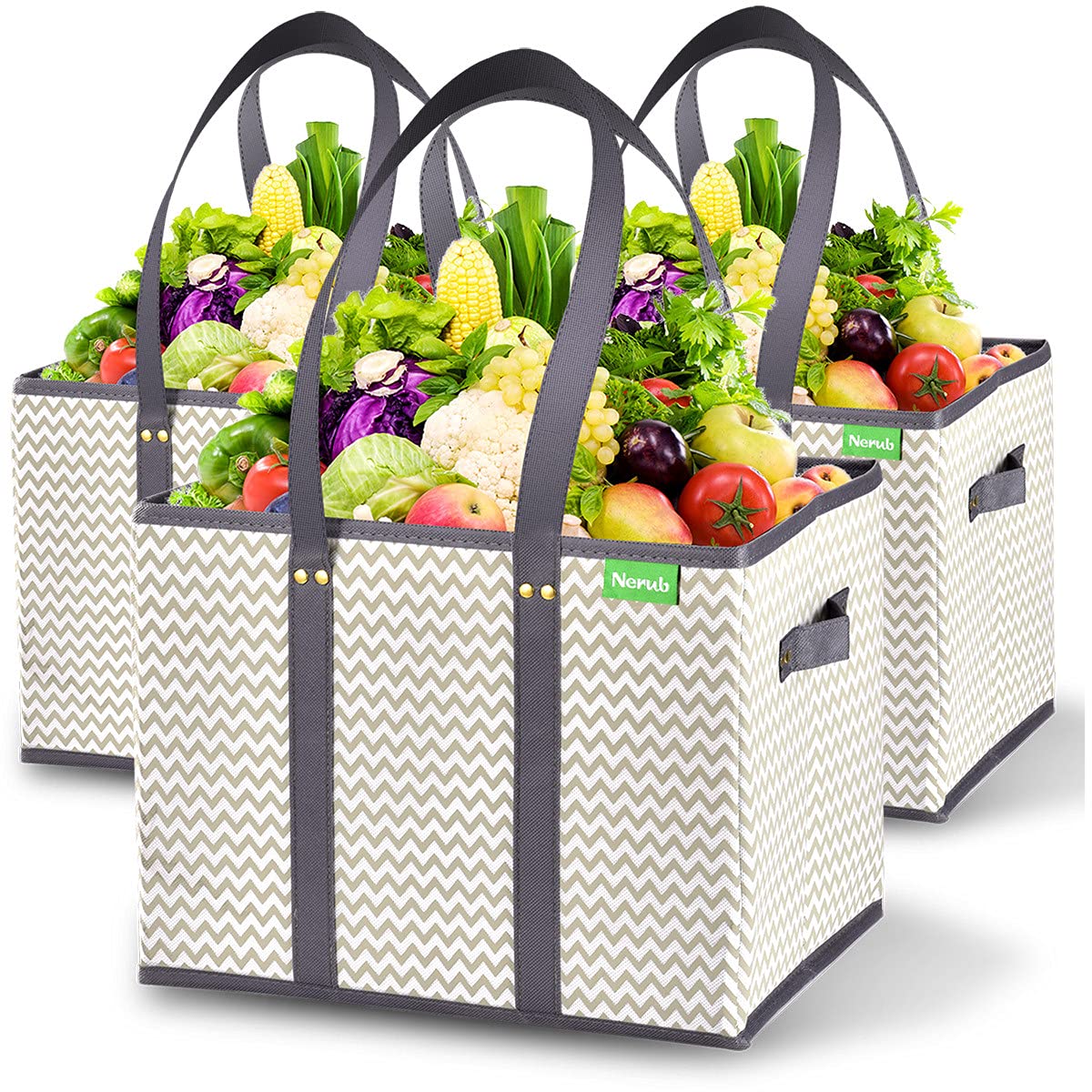NERUB Heavy Duty Reusable Grocery Tote Bags - Reinforced Bottom, Foldable Large Shopping Bags for Groceries (3 Pack) - Perfect for Farmers Market, Supermarket & Eco-Friendly Shopping