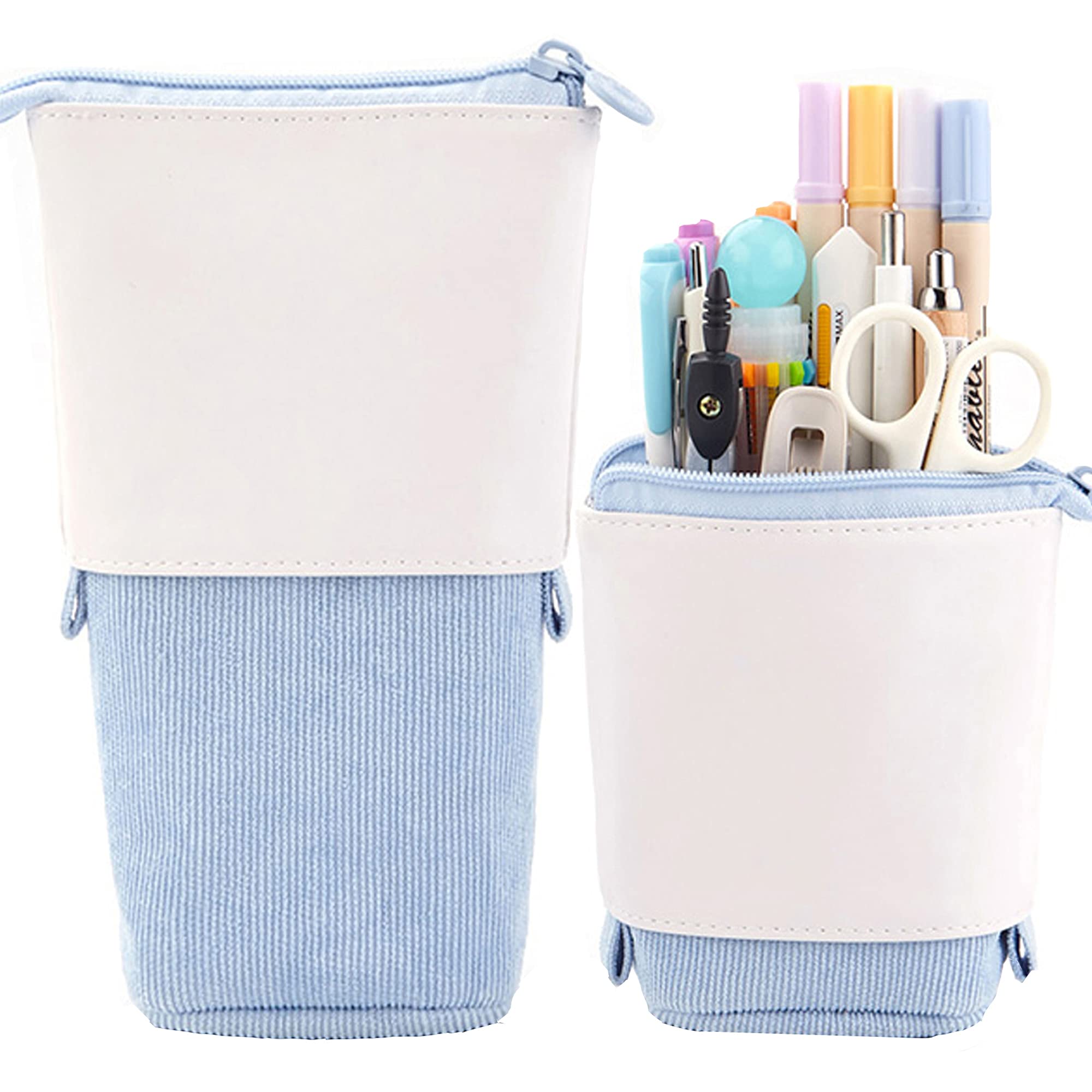 Retractable PU Corduroy Pencil Case - Expandable Stand-Up Pen Holder & Stationery Organizer for School, Office, Travel (Blue) - Perfect for Students, Professionals & Holiday Gifts
