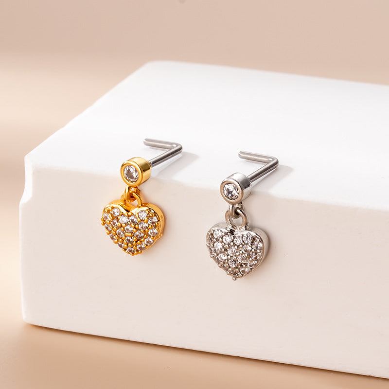 20G Gold Heart Dangle Nose Studs - Hypoallergenic Surgical Steel Nose Ring Jewelry for Women | Perfect for Parties, Date Nights & Everyday Wear (HSPJ766)