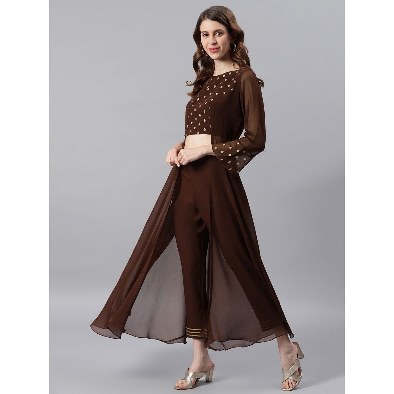 Elegant Brown & Gold 2-Piece Indian Fusion Outfit Set for Women | Ethnic Party Wear | Wedding Guest Outfit | Festival Fashion | Diwali & Holi Celebration Attire