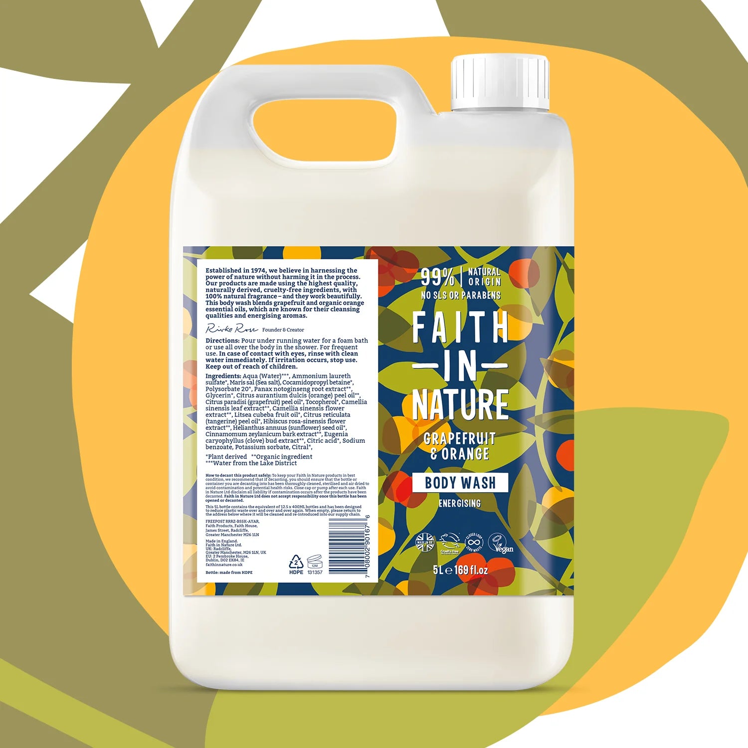 Faith In Nature Grapefruit & Orange Body Wash Refill 5L - Natural Citrus Scent, Vegan & Cruelty-Free - Perfect for Showers, Baths & Refilling Dispensers