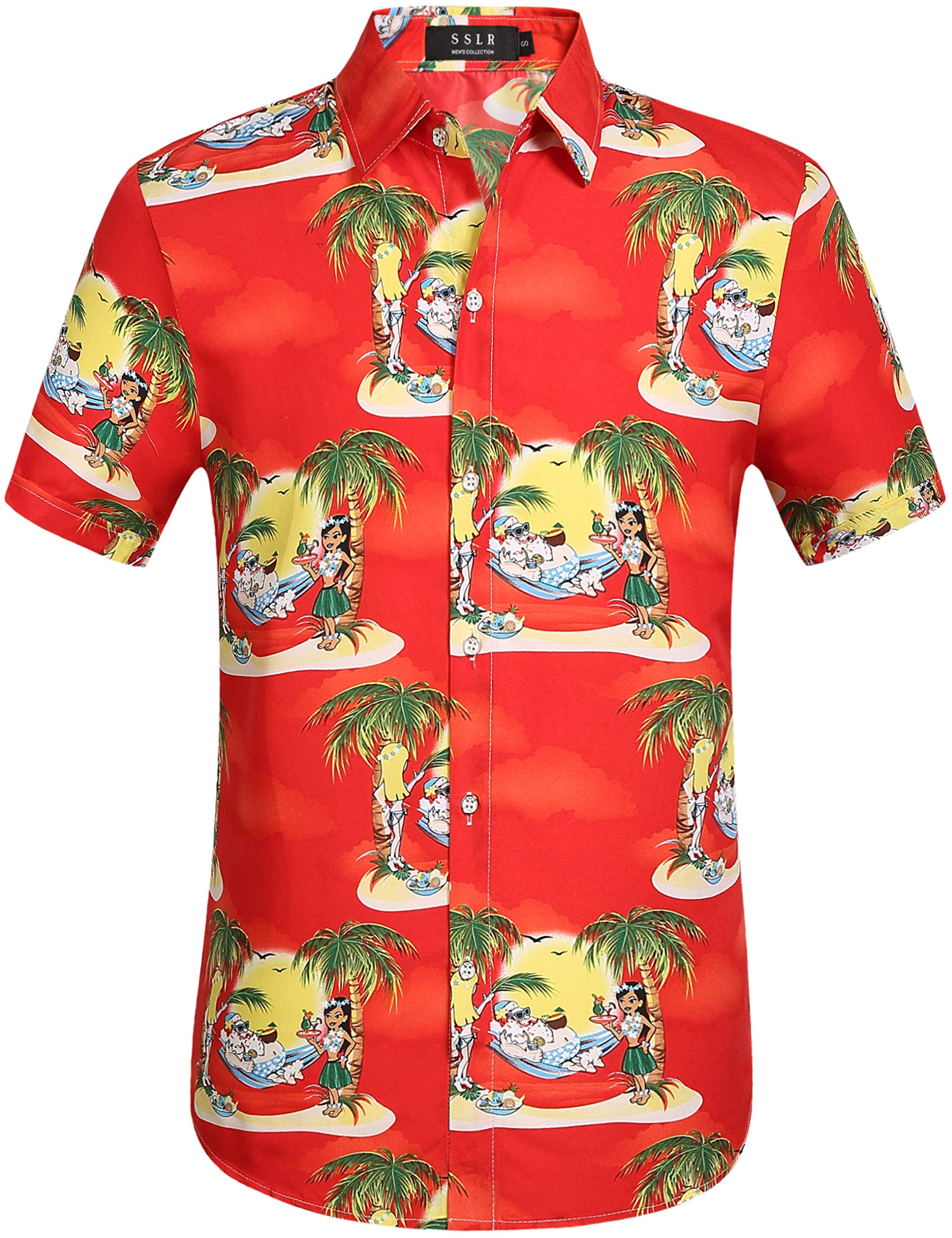 SSLR Men's Santa Claus Tropical Button-Up Shirts | Christmas Hawaiian Shirts for Men | Perfect for Holiday Parties & Beach Vacations
