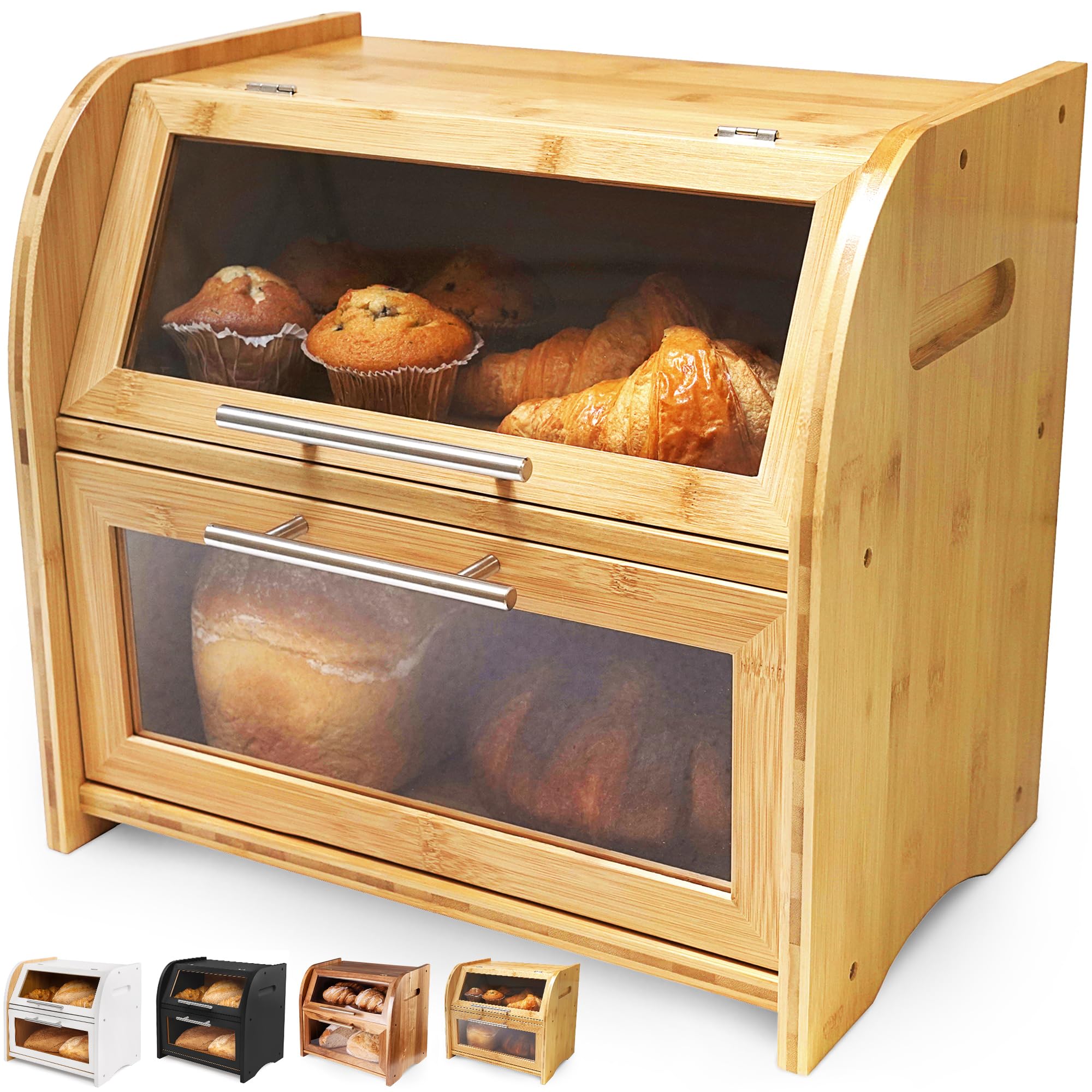 Stylish Bamboo Bread Box for Kitchen Countertop - Extra Large 2-Tier Wooden Bread Storage Container with Clear View Windows & Air Vents | Keeps Bread, Bagels, Rolls Fresh Longer | Easy Assembly | Perfect for Home Bakeries, Restaurants & Cafés