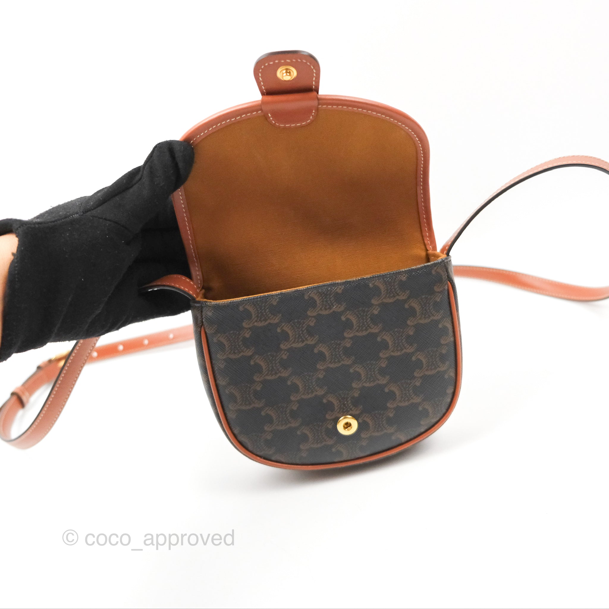 Celine Mini Besace Triomphe Bag in Canvas and Calfskin Leather - Tan Crossbody Purse for Women | Perfect for Everyday Use, Work, and Travel