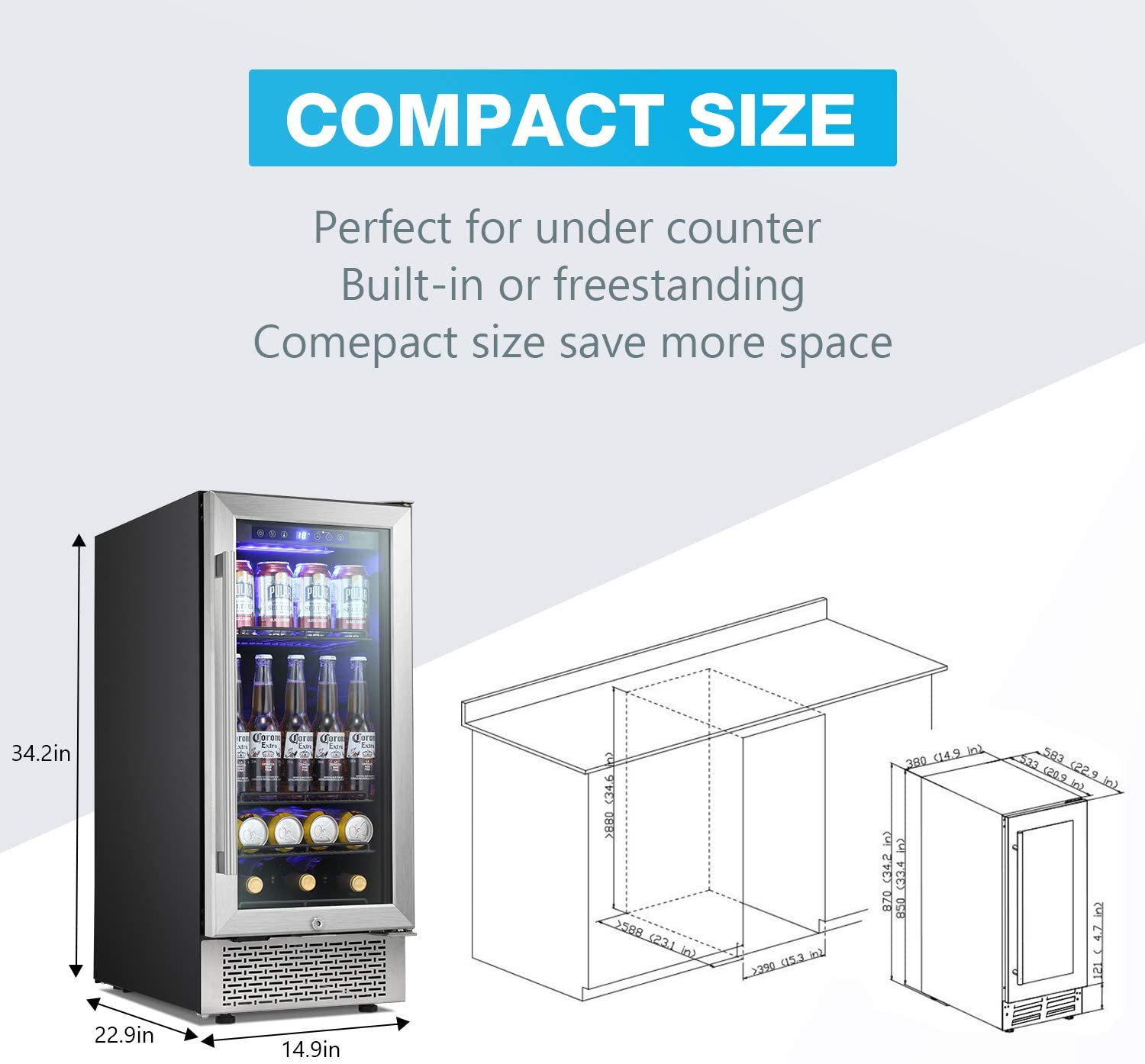 Antarctic Star W74C 15 Inch Mini Beverage Fridge - Digital Temperature Control with Memory Function - Perfect for Home Bars, Offices, and Dorm Rooms