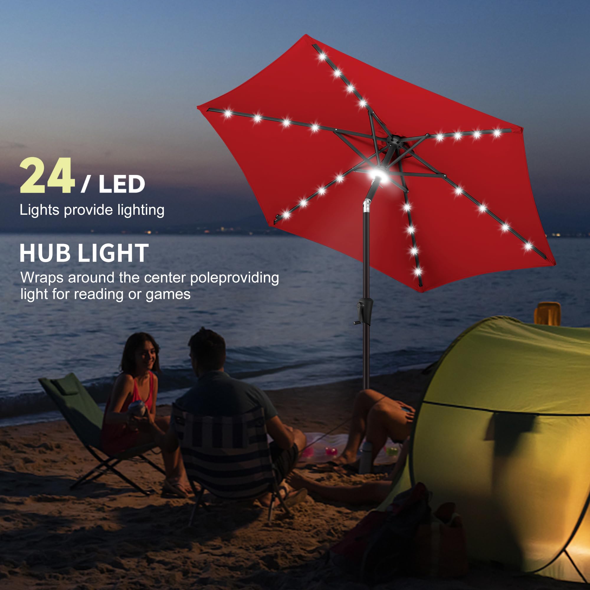 7.5ft Solar Powered LED Patio Umbrella with Tilt & Crank - Waterproof UV Protection Outdoor Umbrella for Pool, Garden, Deck - 24 LED Lights for Nighttime Use (Red) | Perfect for Backyard Dining, Porch Relaxation & Outdoor Entertaining