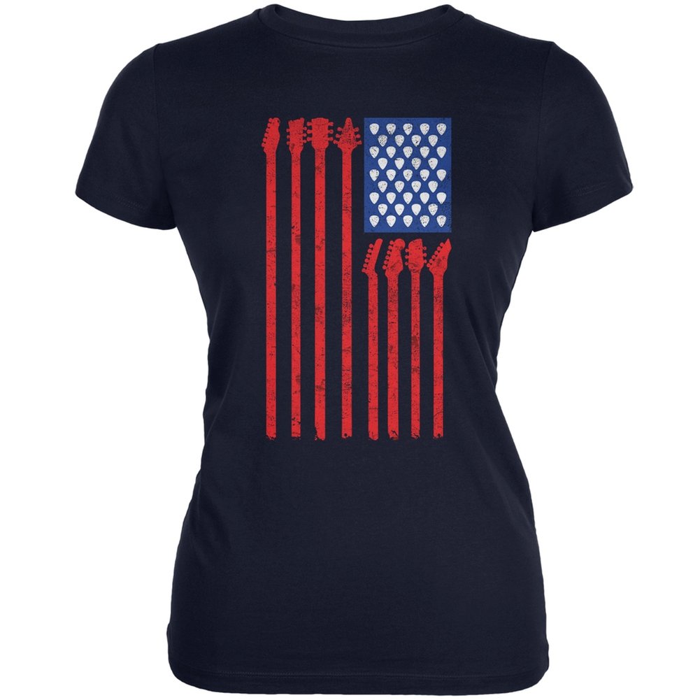 Old Glory 4th of July Stars and Stripes Guitar American Flag Juniors Soft Cotton T-Shirt - Patriotic Music Festival & Independence Day Celebration Outfit