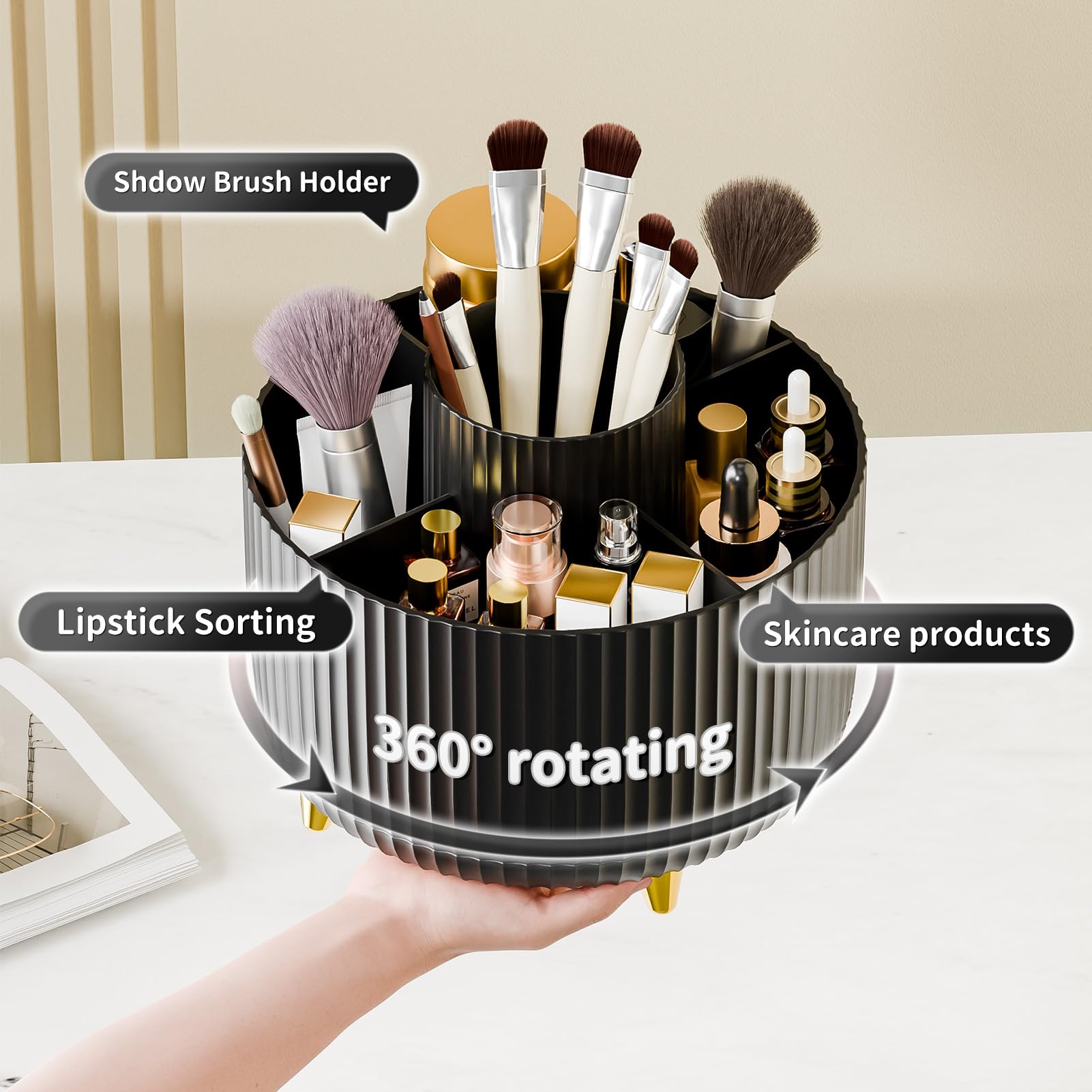 360° Rotating Makeup Brush Holder Organizer - Countertop Cosmetic & Skincare Storage with Gift Box - Perfect for Vanity, Desktop, Bathroom (Black) - Ideal for Organizing Brushes, Lipsticks & Beauty Tools