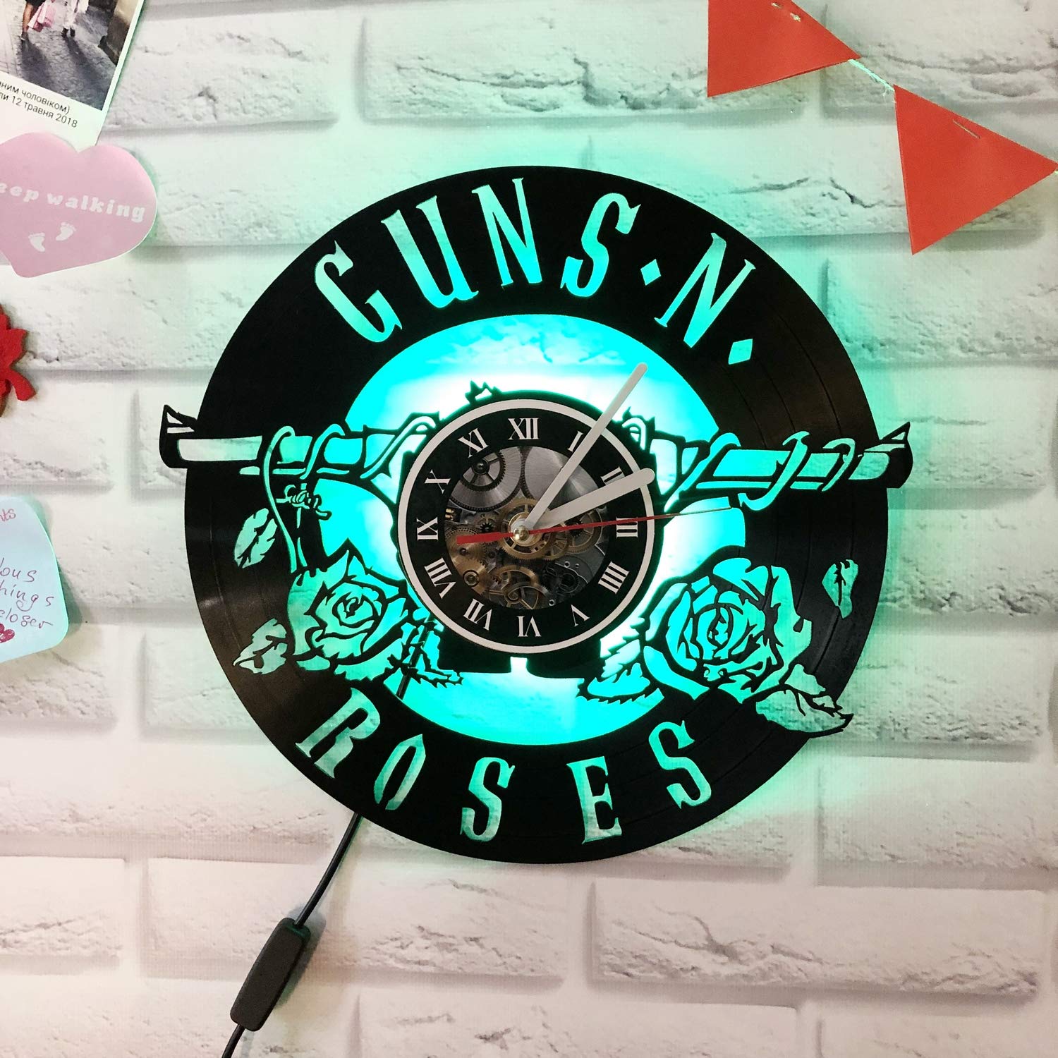 Valentines1934 Guns'N'Roses LED Wall Lights - Vintage Remote Control Night Light & Wall Lamp with Handmade Vinyl Wall Clock - Blue & Green LED Backlight Art for Cool Living Room & Bedroom Decor - Perfect for Music Lovers' Home, Bar, or Man Cave Lighting