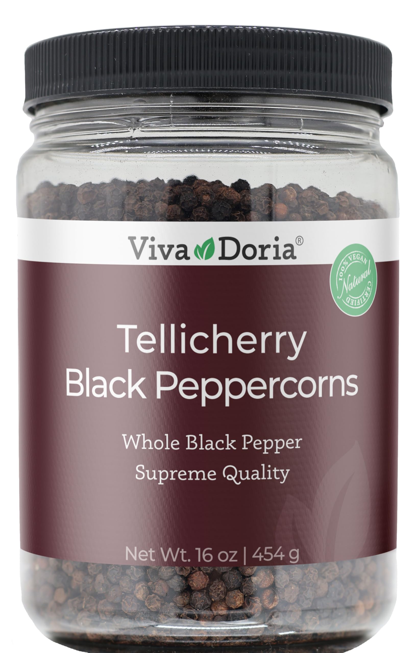 Viva Doria Tellicherry Whole Black Peppercorns - 16oz (1 lb) Steam Sterilized Premium Black Pepper for Grinder Refills - Perfect for Cooking, Seasoning & Gourmet Dishes
