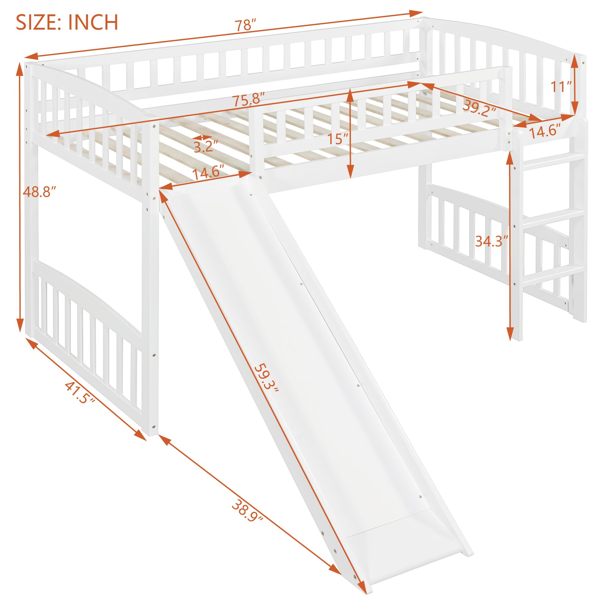 Twin Size Low Loft Bed with Slide and Ladder - Sturdy Wooden Loft Bed Frame for Kids, Girls & Boys - White - Perfect for Small Bedrooms, Playrooms & Dorm Rooms