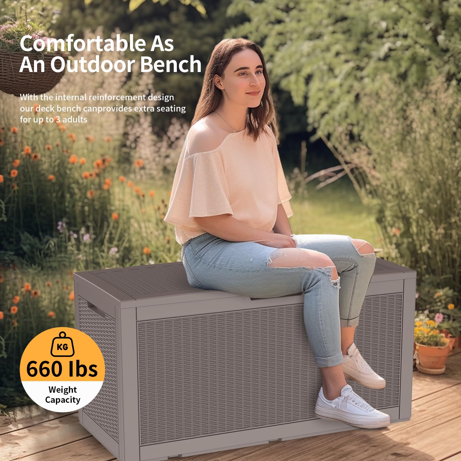 DRATO 100 Gallon Large Deck Box - Outdoor Waterproof Resin Storage Container for Patio Furniture, Cushions, Gardening Tools & Pool Supplies (660lbs Weight Capacity) - Perfect for Backyard, Garden & Poolside Organization
