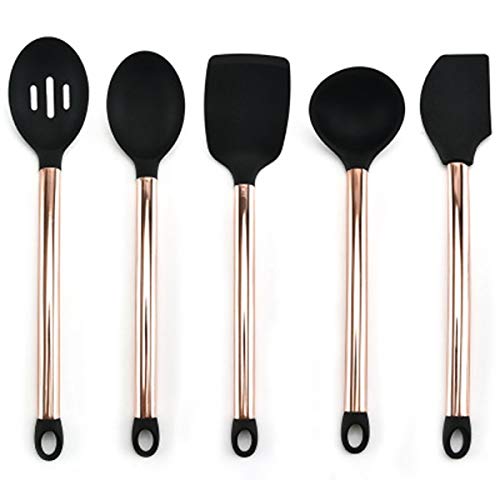 Heat Resistant Silicone Cooking Utensils Set with Stainless Steel Handle - 5-Piece Non-Stick Kitchen Tools for Baking, Frying & Cooking - Light Yellow (Ideal for Sauteing, Stirring & Serving)