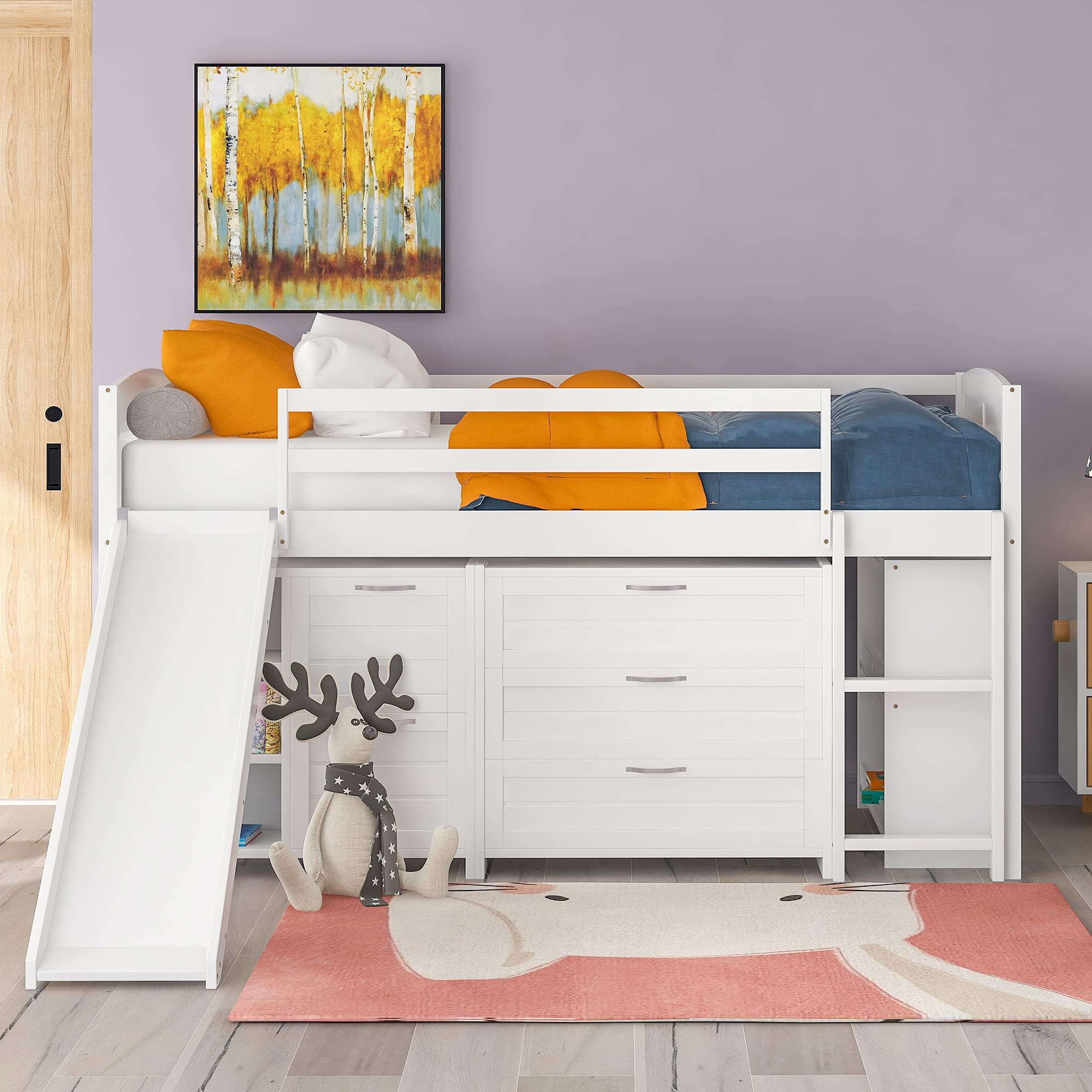 Harper & Bright Designs Low Loft Bed with Slide - White Wooden Twin Loft Bed with Storage Cabinets & Shelves for Kids, Boys & Girls | Perfect for Small Bedrooms, Playrooms & Kids' Dorm Rooms