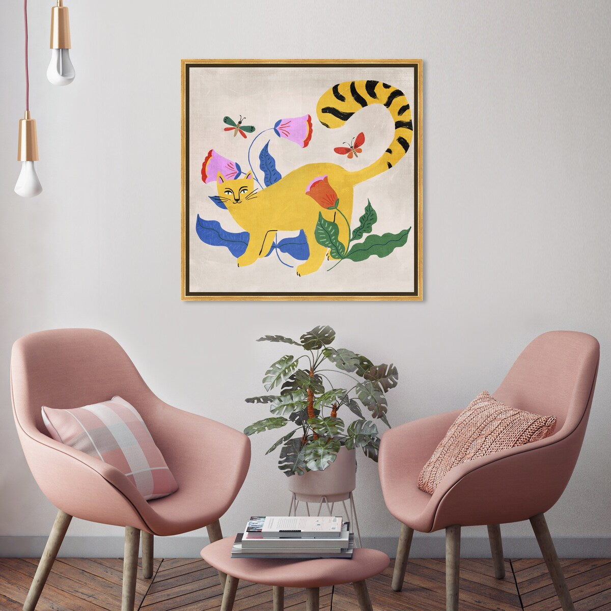 Blonde Tabby Floral Kitten Butterfly Garden Modern Yellow Framed Canvas Wall Art Print - Home Decor for Bedroom, Living Room & Nursery