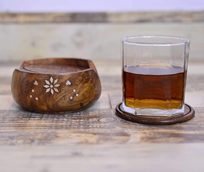 KRAFTEE Handmade Lotus Design Wood Coasters Set - 6 Piece Decorative Round Holders for Drinks, Perfect Gift for Home Decor, Dining Table & Coffee Table Accessories
