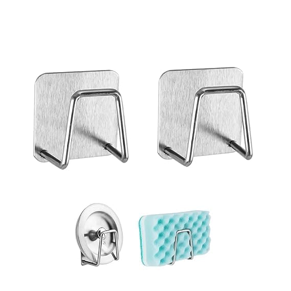 Stainless Steel Sponge Holder with Hook - Quick Drying Rustproof Kitchen Sponge Caddy for Sink, Waterproof Soap Dish & Sponge Storage (2 Pack) - Perfect for Kitchen, Bathroom & RV Organization