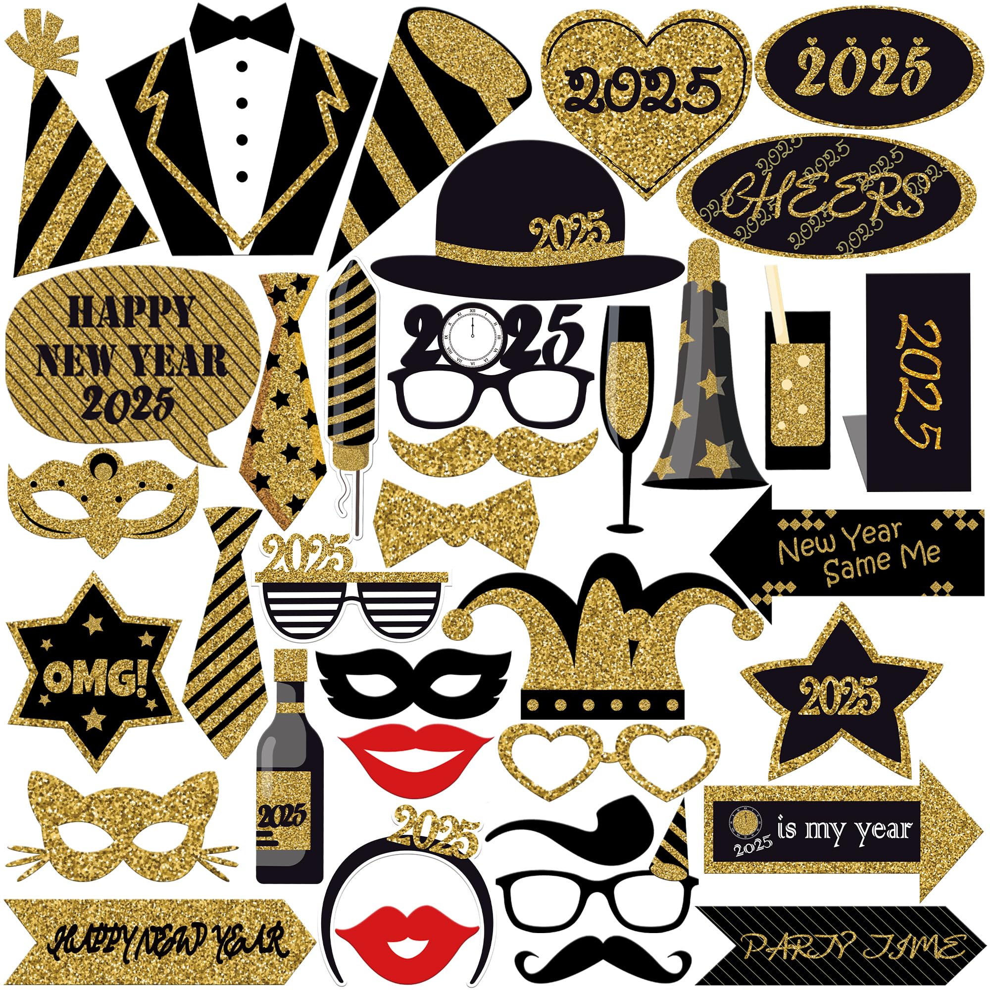 KatchOn 36-Pack Glitter NY Photo Booth Props for New Year's Eve 2025 | NYE Party Decorations, New Years Eve Party Supplies for Celebrations, Countdowns & Social Media Photos