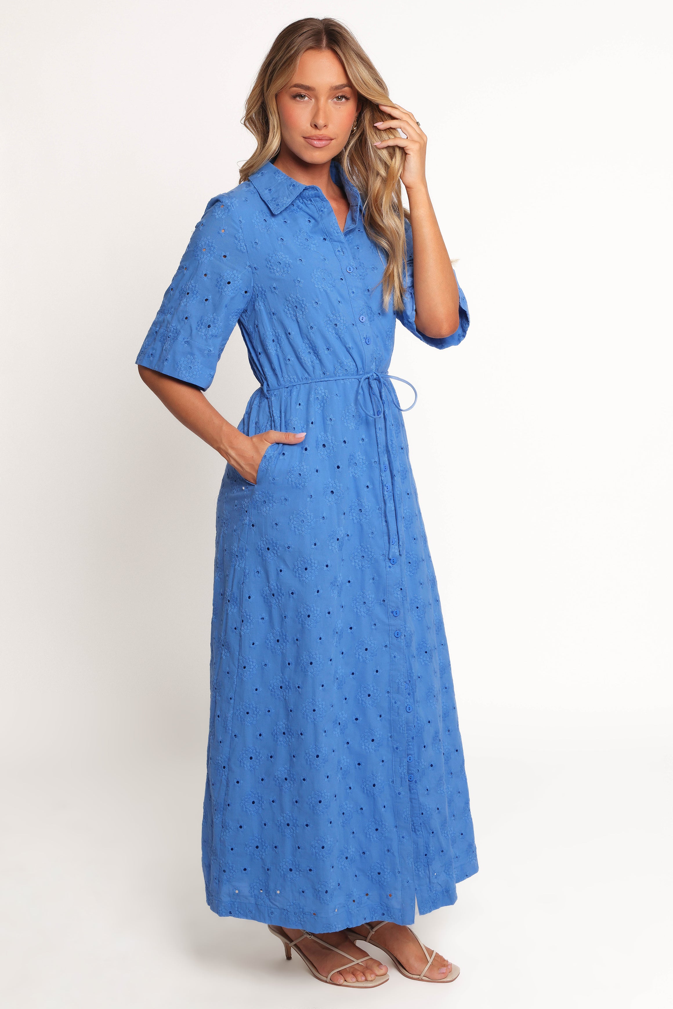 Stylish Cooper Embroidered Button-Down Midi Dress in Cobalt Blue | Perfect for Casual Outings, Office Wear & Special Occasions