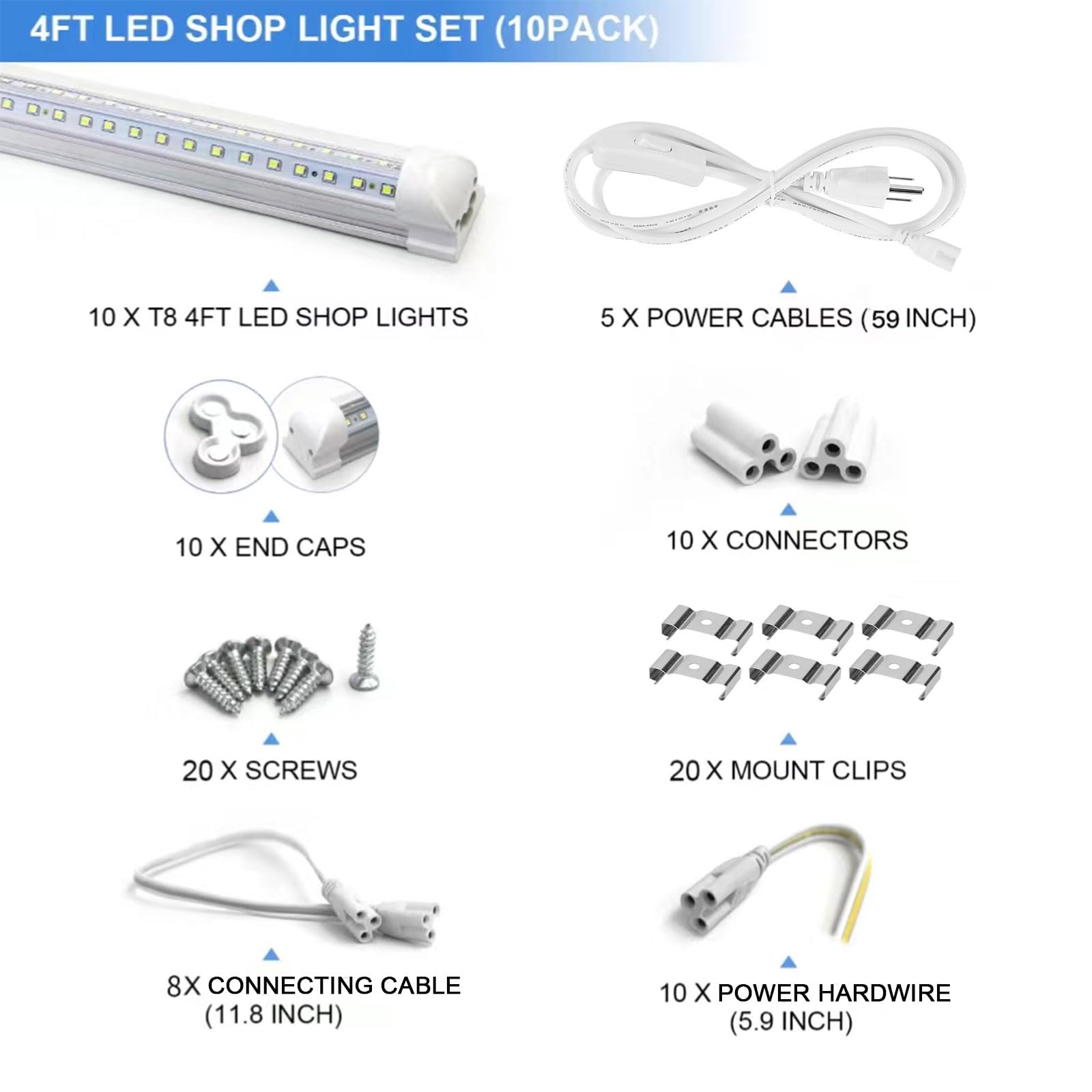 4FT LED Shop Light 10 Pack - 40W 5400LM 6500K Linkable V-Shape Fixtures with Clear Cover - Plug & Play T8 Tube Lights for Garage, Warehouse, Basement - Bright Lighting Solution for Workshops & Commercial Spaces