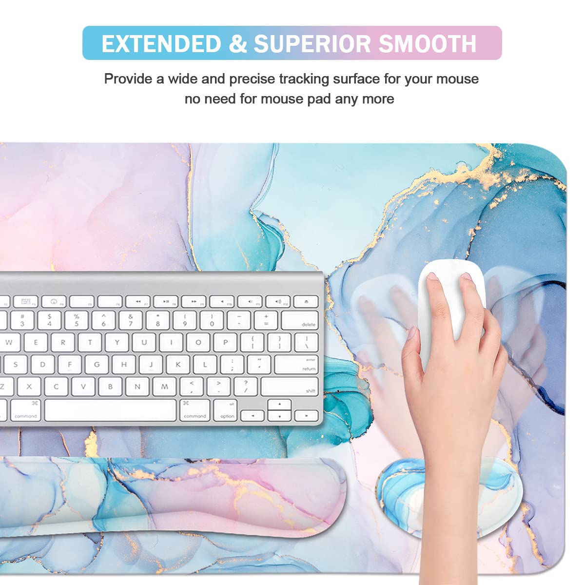 Ergonomic Large Mouse Pad with Keyboard Wrist Rest - 4-in-1 Extended Gaming Desk Mat for Computer, Office & Workstation - Non-Slip Blue Marble Design for Comfort & Pain Relief (Perfect for Gamers, Programmers & Office Workers)