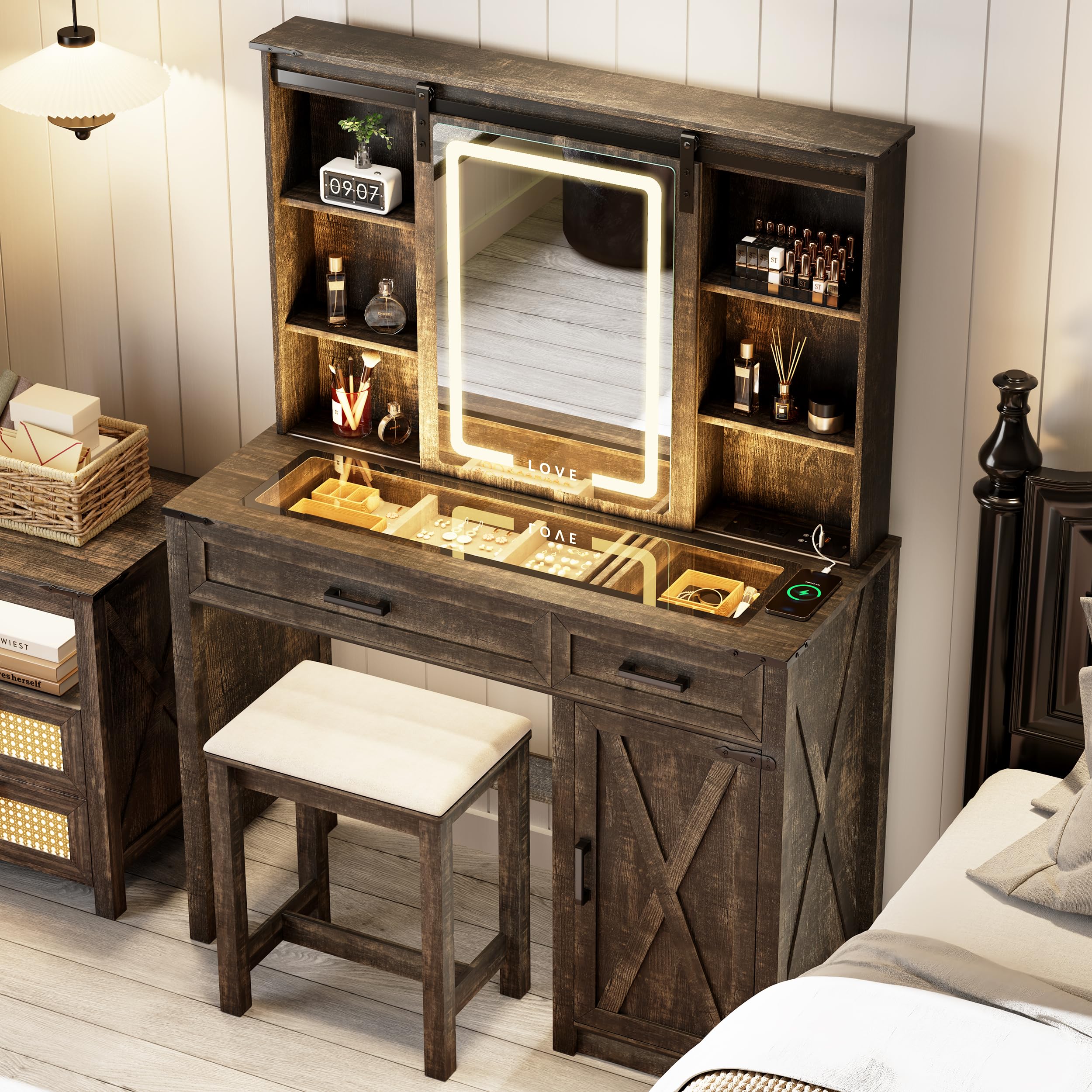 Farmhouse Makeup Vanity with Charging Station & Stool - Sliding Mirror, 3-Level Brightness Lights, Large Storage Glass Top Dressing Table with Drawers & Shelves for Women & Girls (Dark Oak) - Perfect for Bedroom, Dorm, Apartment & Beauty Salon
