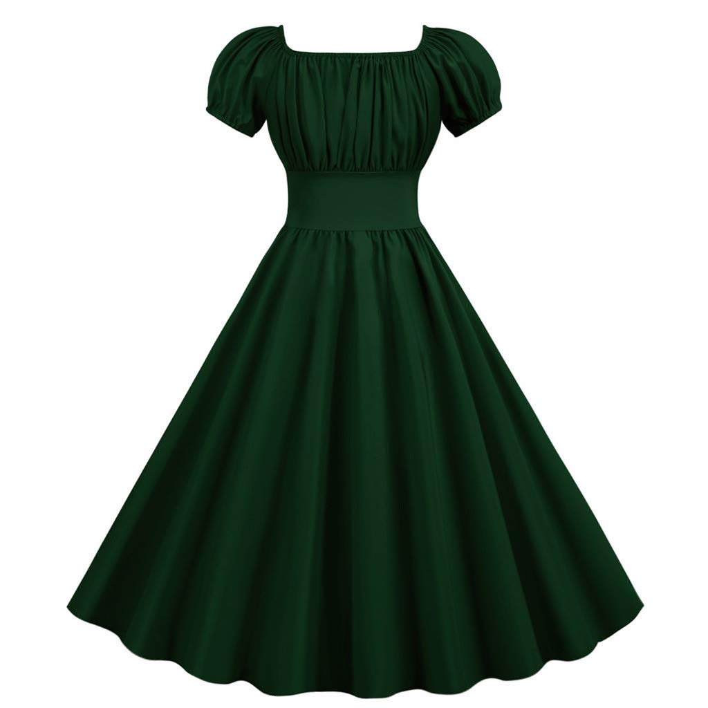 Vintage 50s 60s Retro Women's Summer Dress - Solid Green Square Neck Pleated Puff Sleeve Swing Dress for Casual Wear, Princess Party & Special Occasions