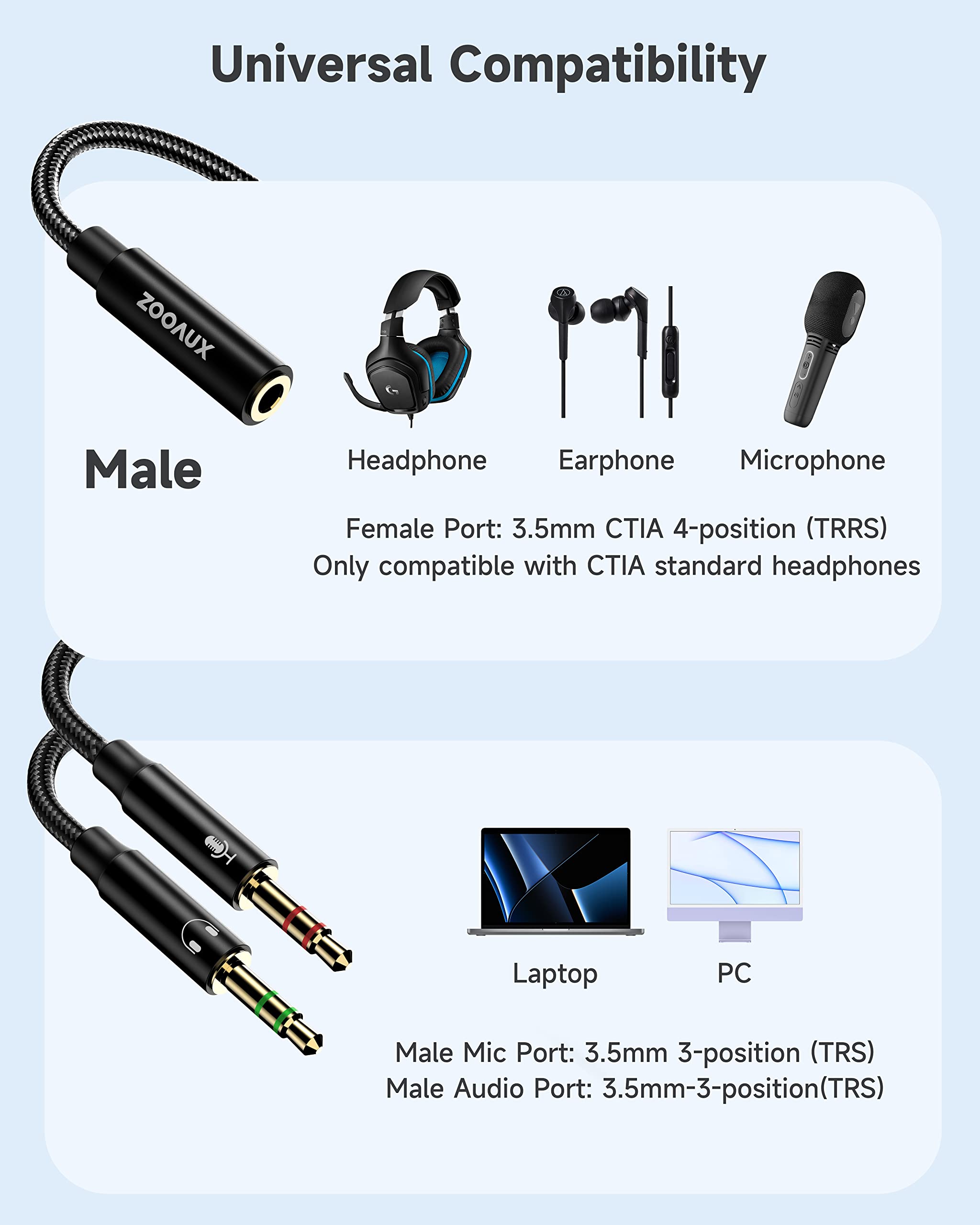 ZOOAUX 3.5mm Headphone Mic Stereo Y Splitter - Female to Dual Male Audio Jack Adapter for Gaming Headset, PC, Laptop & Speaker | Perfect for Online Meetings, Gaming & Music Streaming