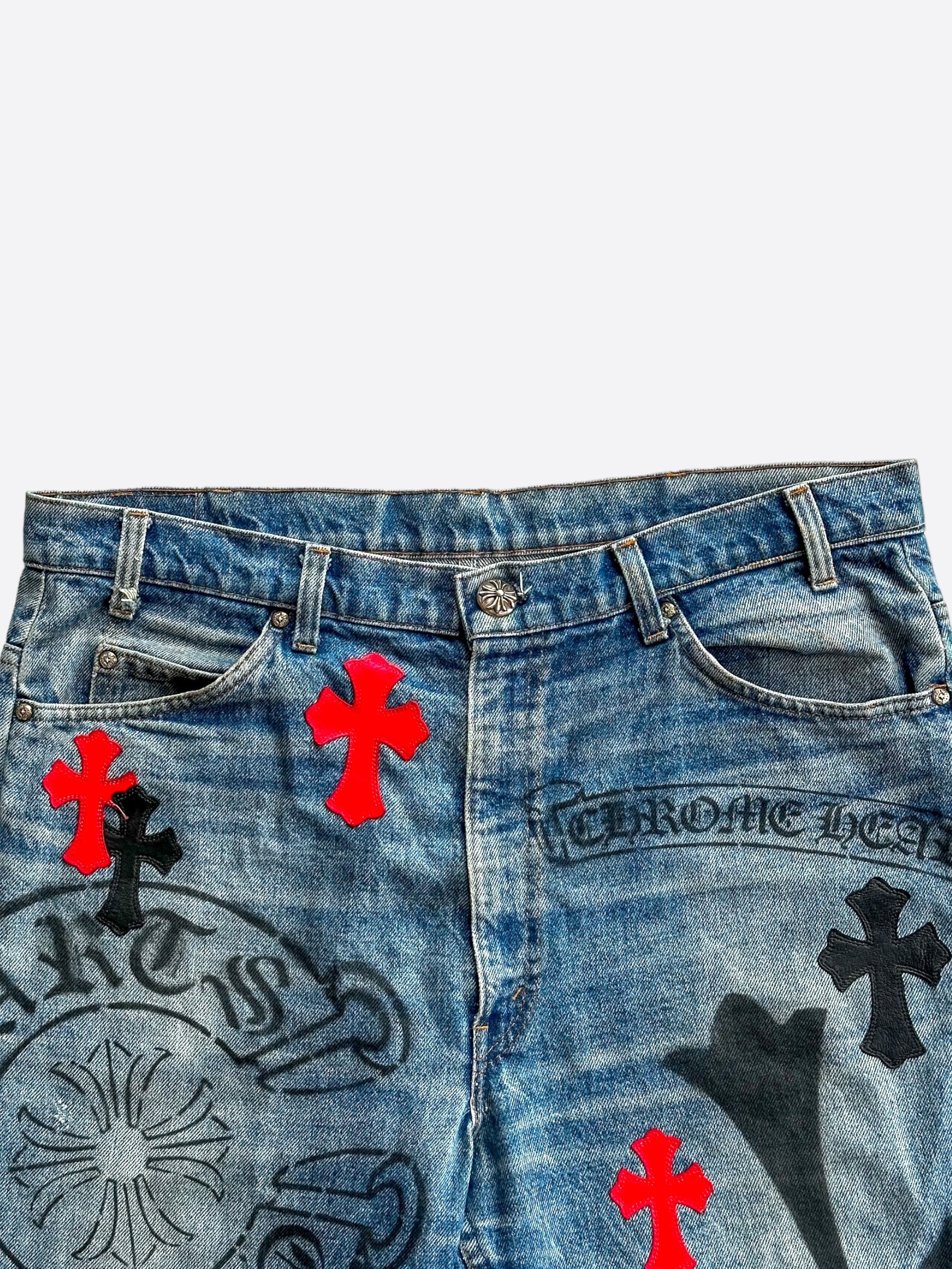 Chrome Hearts x Levi's Blue Black & Red Cross Patch Stencil Jeans for Men - Vintage Distressed Denim Pants for Casual Wear & Street Style