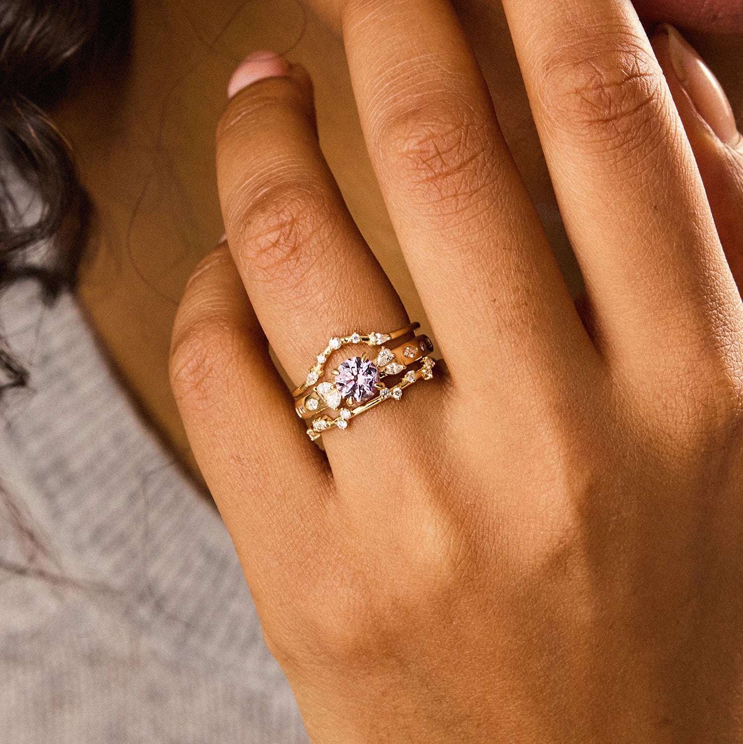 Unique 14K Yellow Gold Round Sapphire Blush Cascade Ring – Elegant Jewelry for Weddings, Anniversaries & Special Occasions