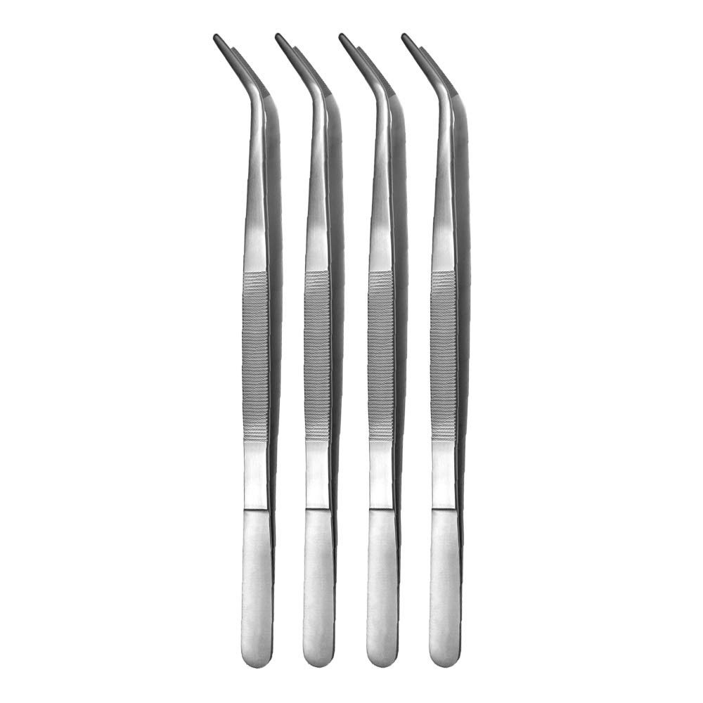 Premium Stainless Steel Cooking Tweezers Set of 4 - 35cm Curved Kitchen Tongs for BBQ, Grilling & Precision Plating | Professional Chef Tools for Restaurants & Home Kitchens