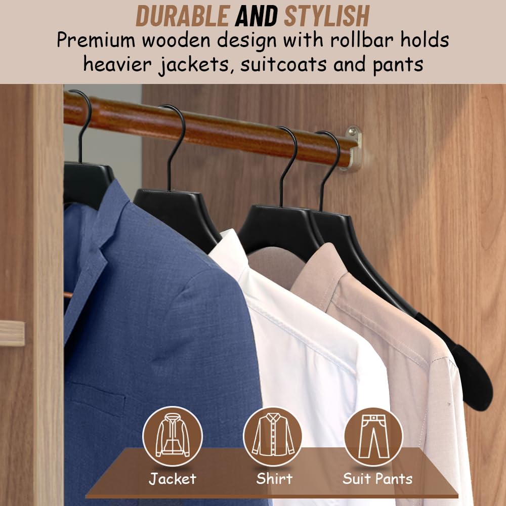 Premium Wooden Hangers with Rollbar - Heavy Duty Non-Slip Coat Hangers for Suits & Pants - Wide Shoulder Design (Black with Black Velvet, 6-Pack) - Perfect for Closet Organization & Luxury Wardrobe Storage