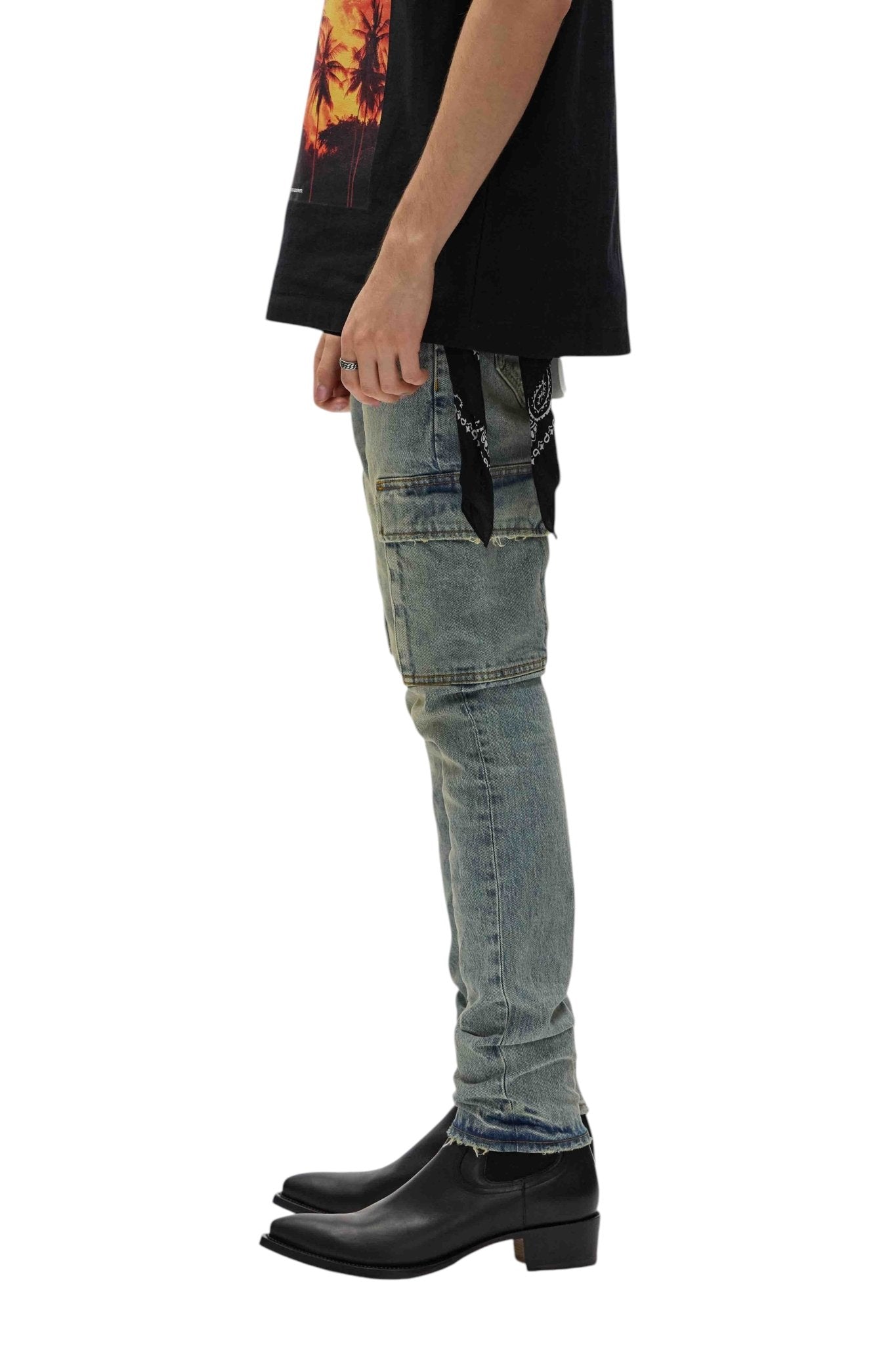 Purple Brand P001 SCPL Skinny Cargo Pants for Men - Light Indigo Wash | Comfortable Stretch Denim with Multiple Pockets | Perfect for Casual Wear, Street Style & Outdoor Adventures