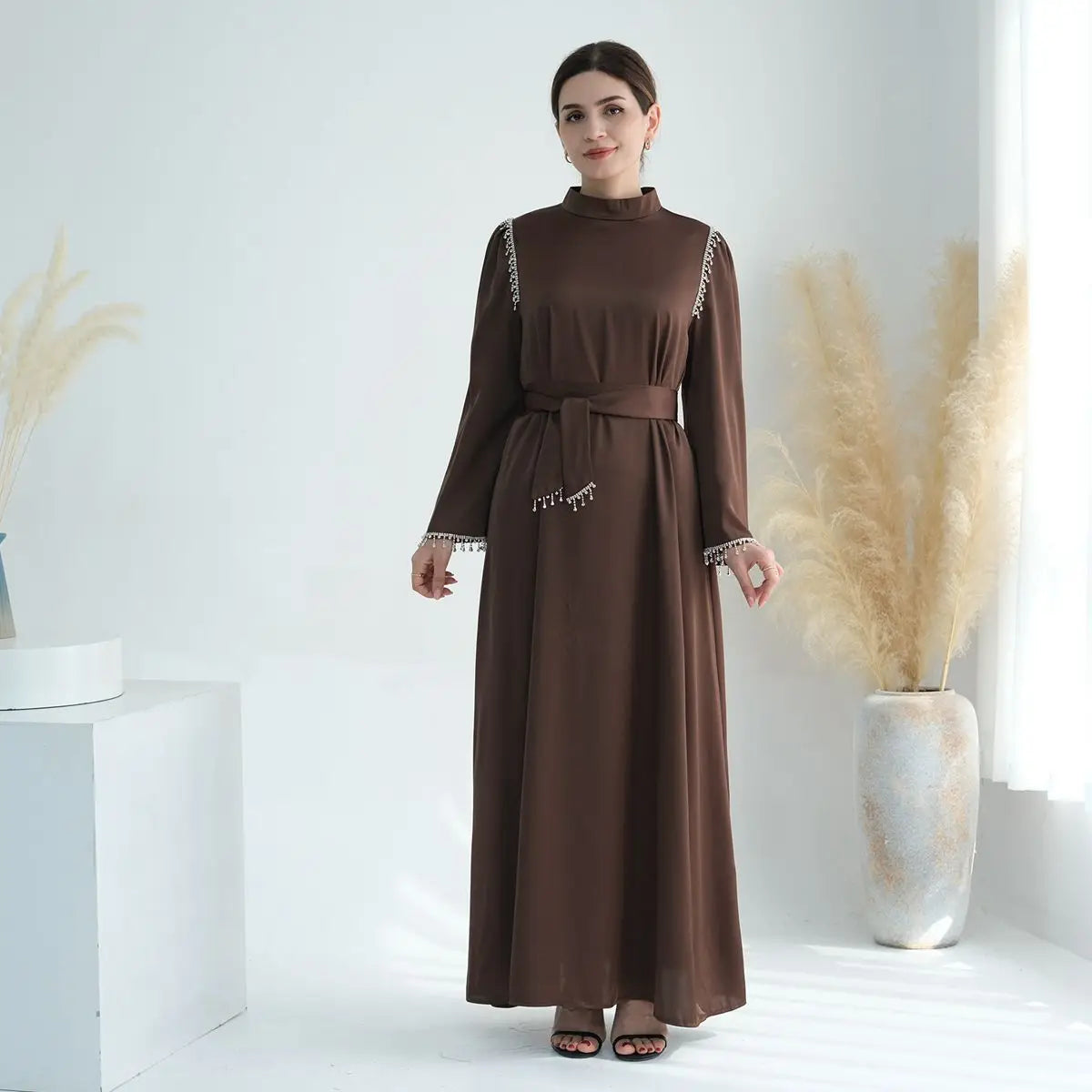 Elegant Muslim Women's Beaded Satin Abaya Dress for Prayer & Special Occasions - Modest Islamic Clothing for Women