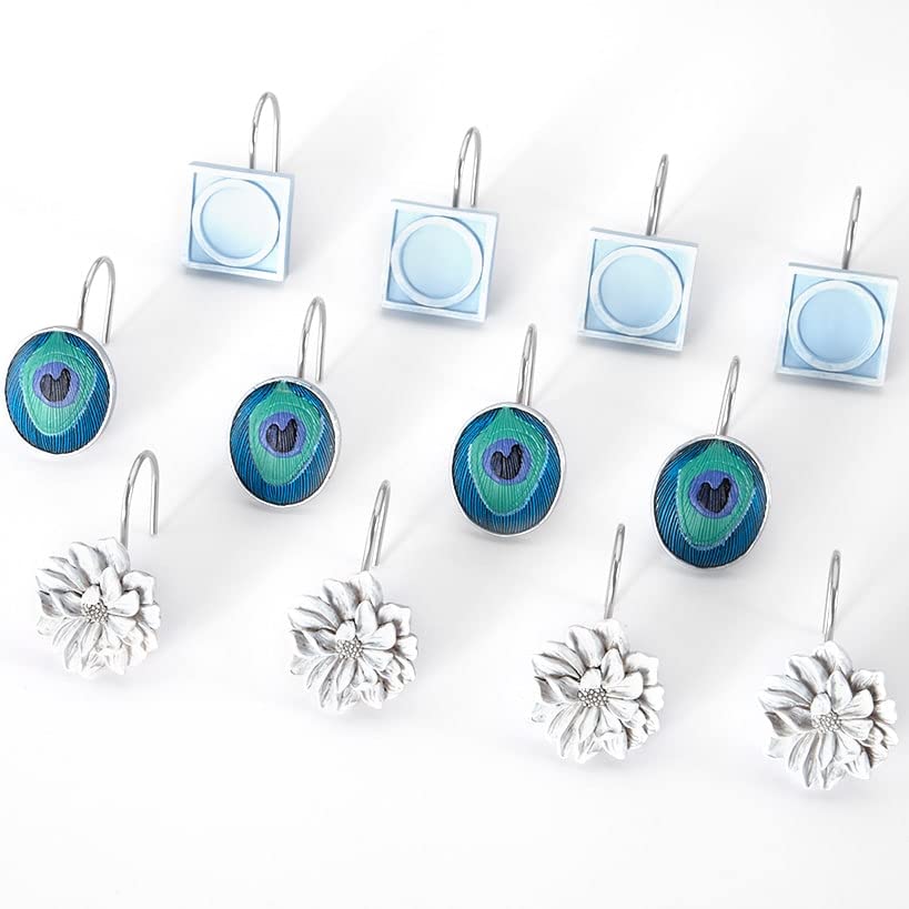 Blue Peacock Shower Curtain Hooks - Elegant Bathroom Décor Set of 12 - Rust-Resistant Metal Hooks for Shower, Bathtub & Closet Organization - Perfect for Home, Hotel & Spa Decorations