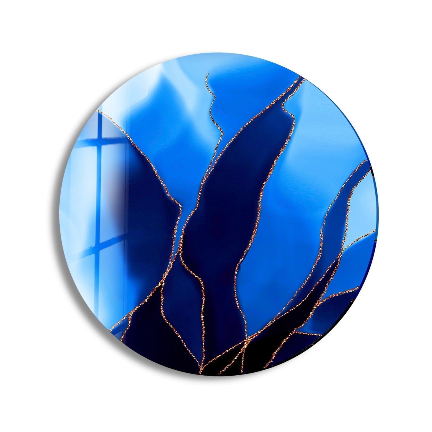 Abstract Round Black & Blue Glass Wall Art - Modern Home Decor for Living Room, Bedroom & Office - Handmade Glass Wall Sculpture for Unique Interior Design